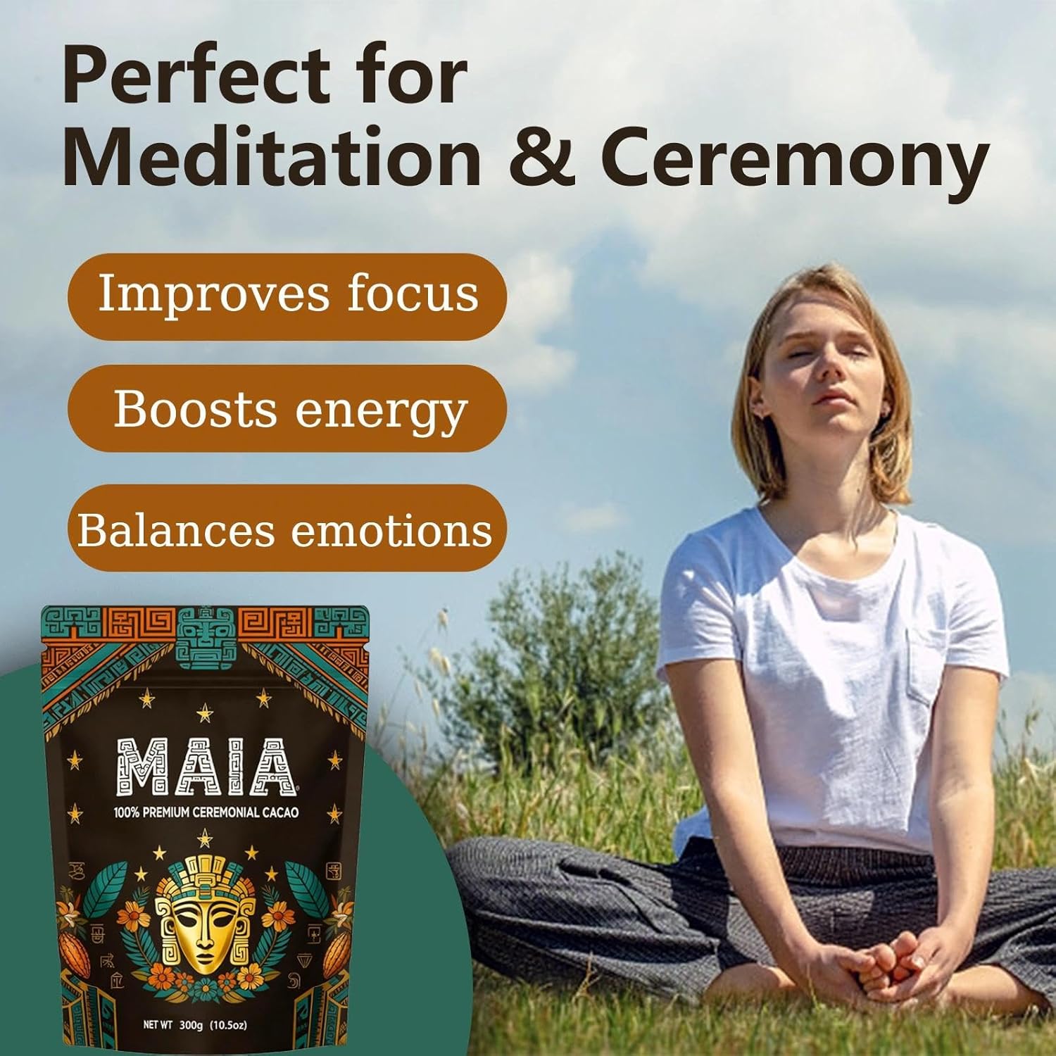 Maia Ceremonial Cacao Powder – 100% Pure Premium Cacao, Natural Flavanols, Theobromine, Supports Energy, Mood & Daily Wellness, Unsweetened, Vegan, Non-GMO, 10.5 oz(1pc)