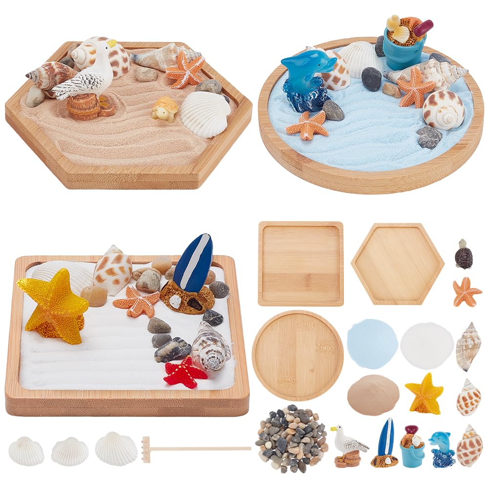 WEBEEDY 3 Sets Beach & Ocean Themed Zen Garden Kit, Miniature Zen Sand Garden Gift Set with Accessories for Home Office Relaxation Meditation