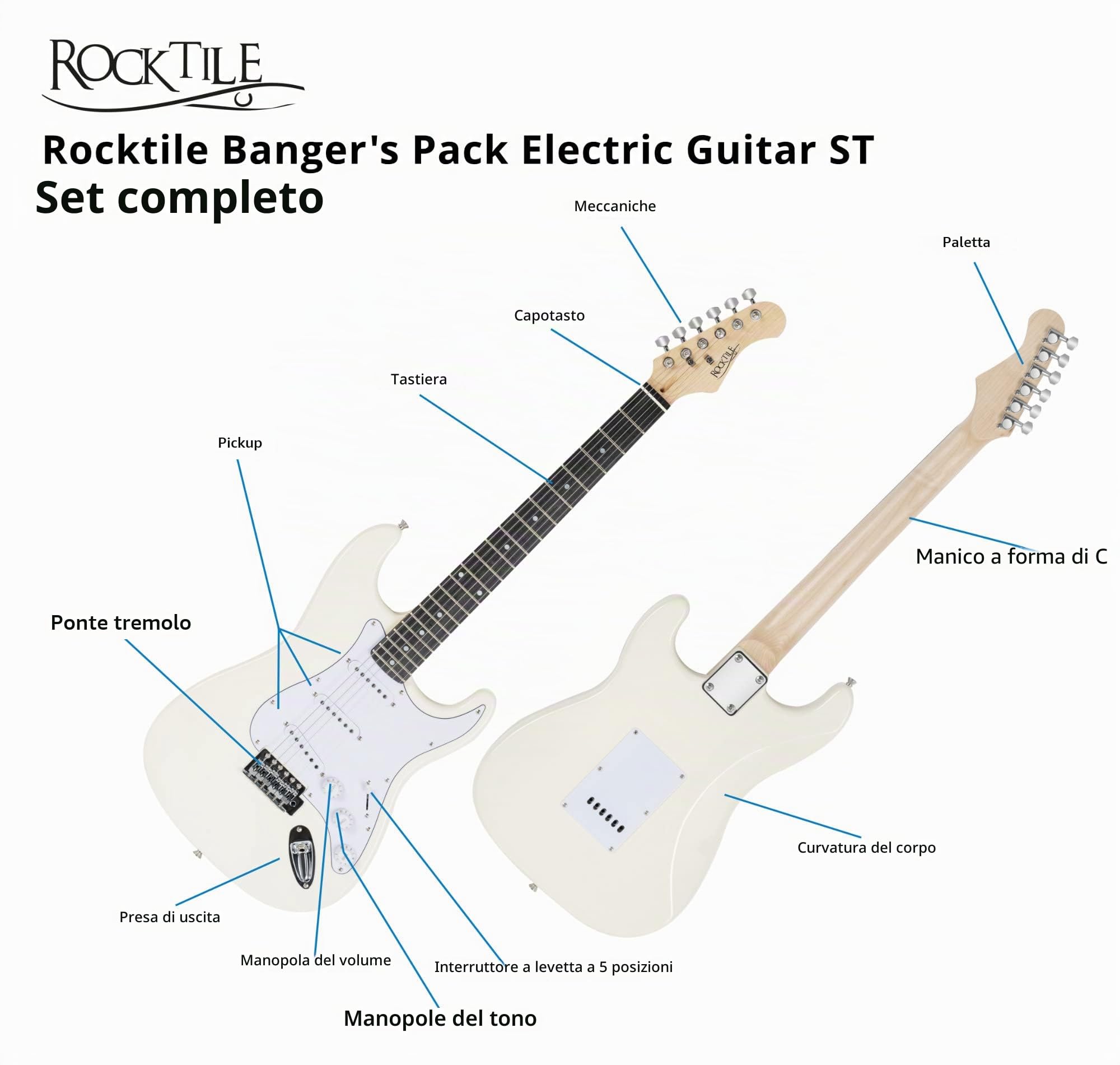Rocktile Banger's Pack Set Chitarra Elettrica Bianca - Kit Completo per Chitarre Elttriche con Amplificatore 25W, Custodia Morbida, Cavo, Tracolla, Tremolo, Plettri - White Highgloss