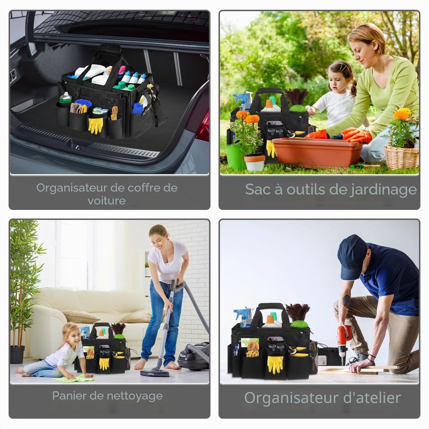 Boczif Sac de Nettoyage Portable, Organiseur de Fournitures de Nettoyage avec poignée, Bretelles et séparation Amovible, Organiseur d'outils de Nettoyage pour nettoyeurs et Femmes de ménage (Noir)