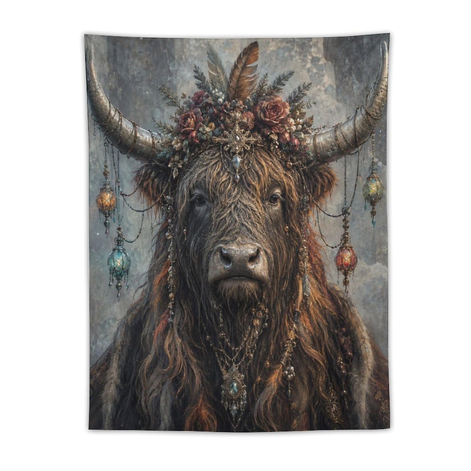 H3B8U2Y5 Highland Cow Boho Portrait Wall Tapestry, Realistic Illustration