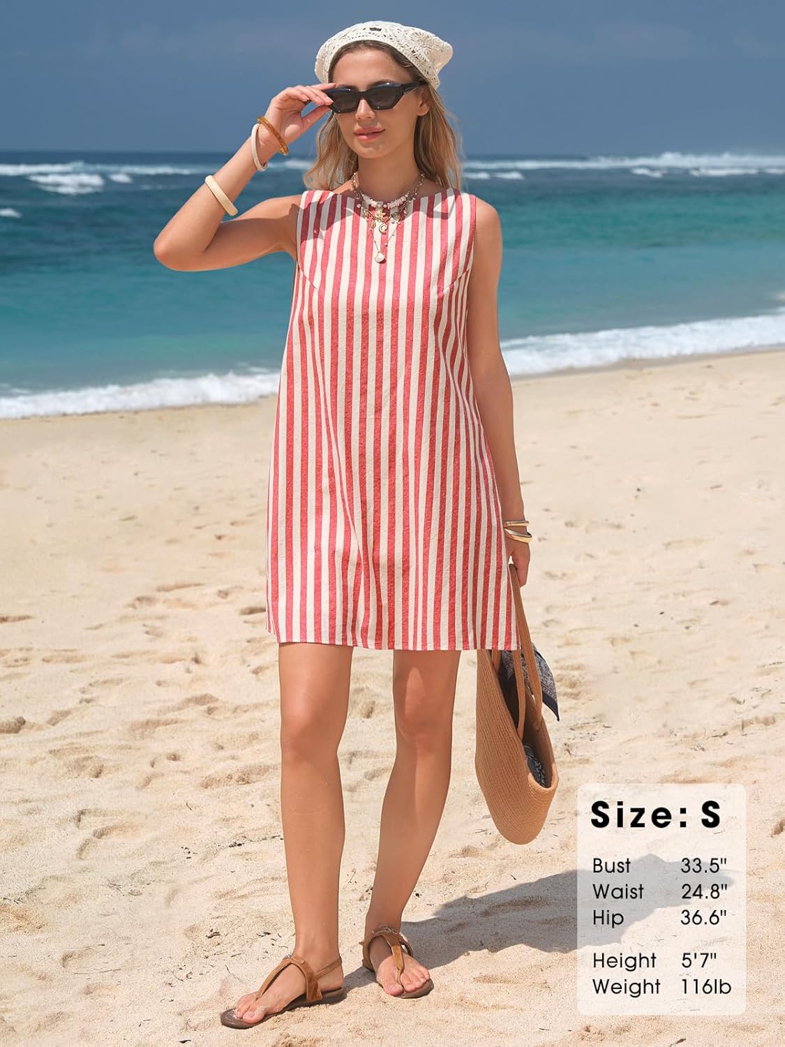 EXLURA Women Summer 100% Cotton Faux Linen Dresses Sleeveless Striped A-Line Mini Sundress Beach Vacation Dress with Pockets