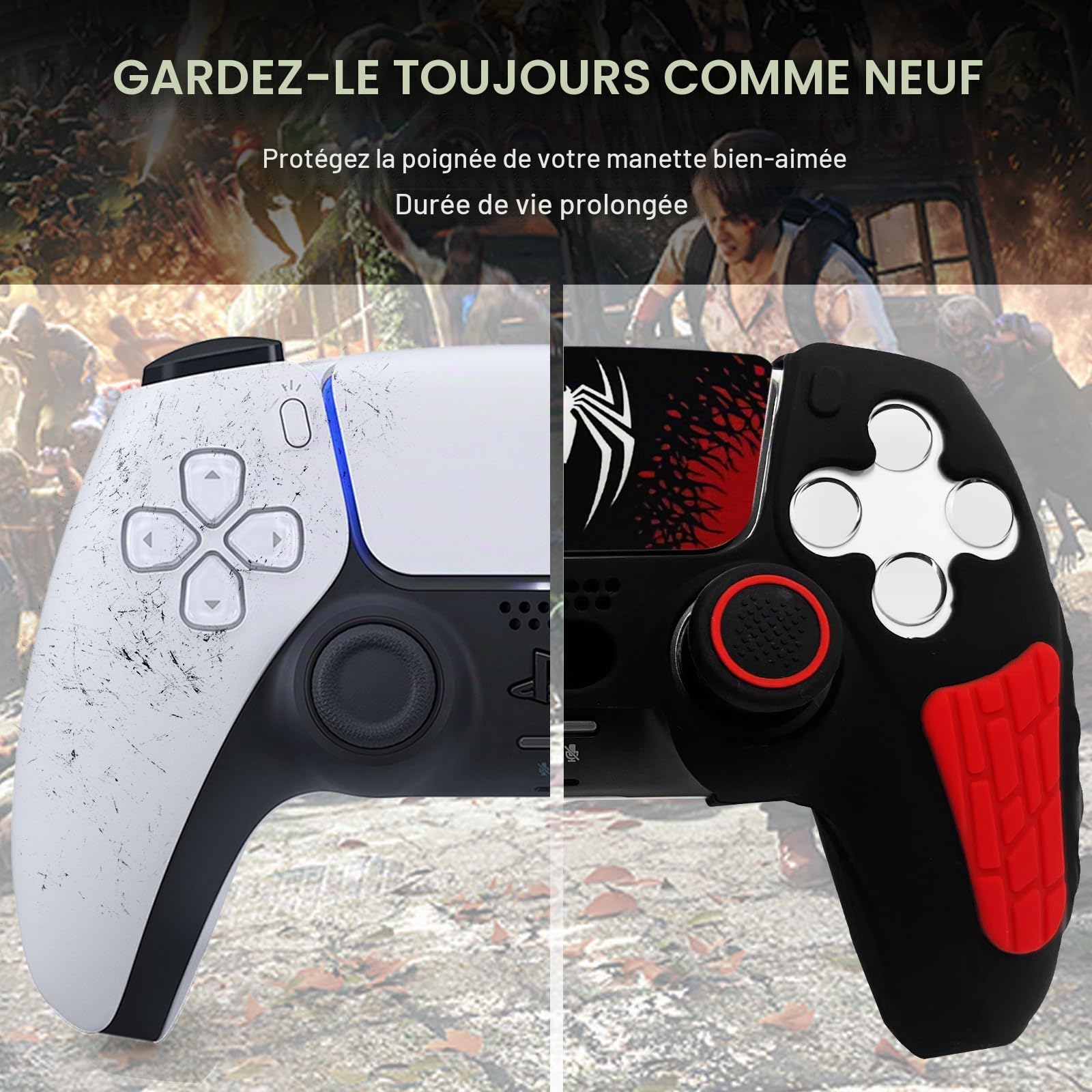 Skin antidérapant pour manette PS5 araignée noire, coque de protection en silicone souple et épaisse compatible avec manette PS5/Slim/Pro avec 2 capuchons de pouce, protections de joystick