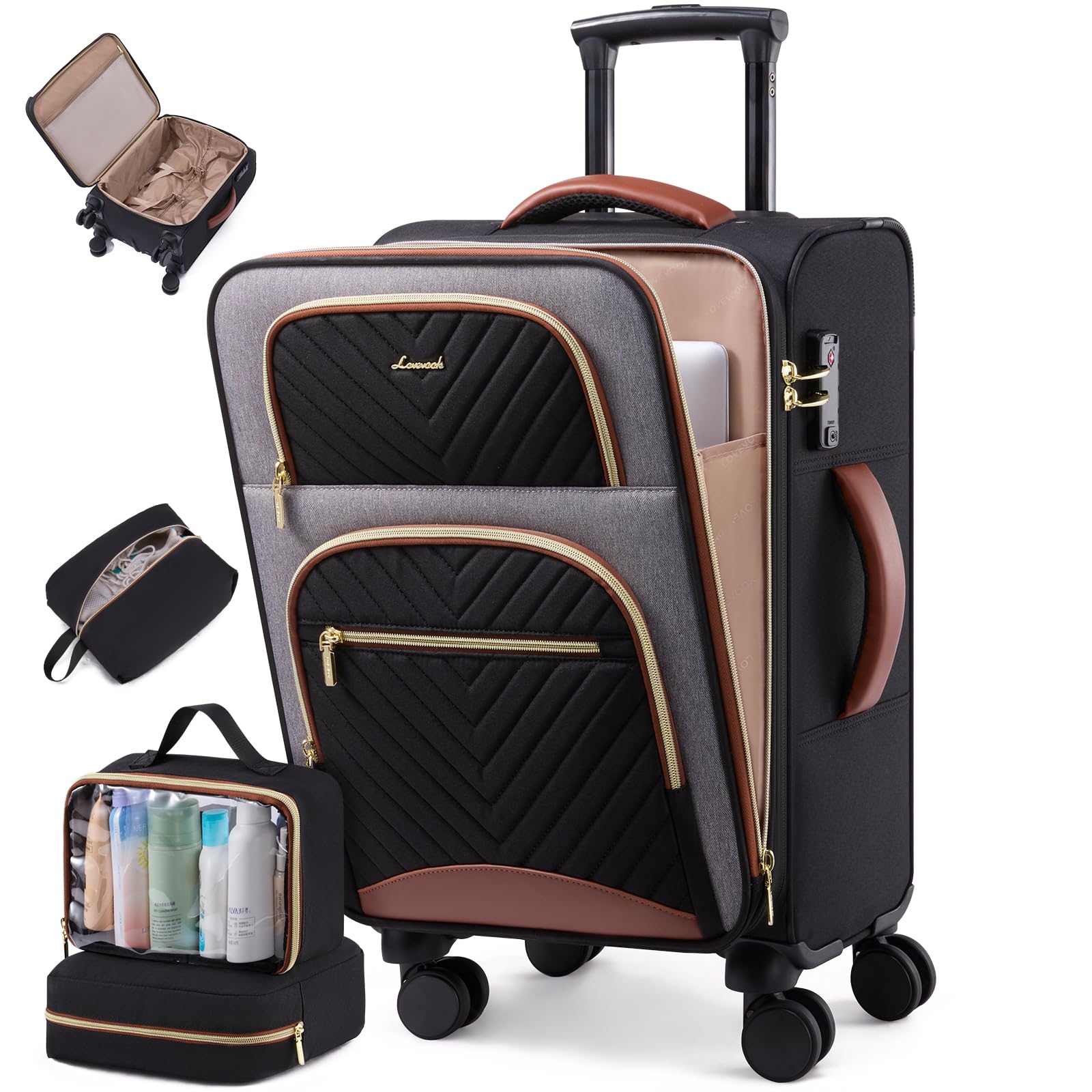 LOVEVOOK Waterproof Carry On Luggage in Black-Grey