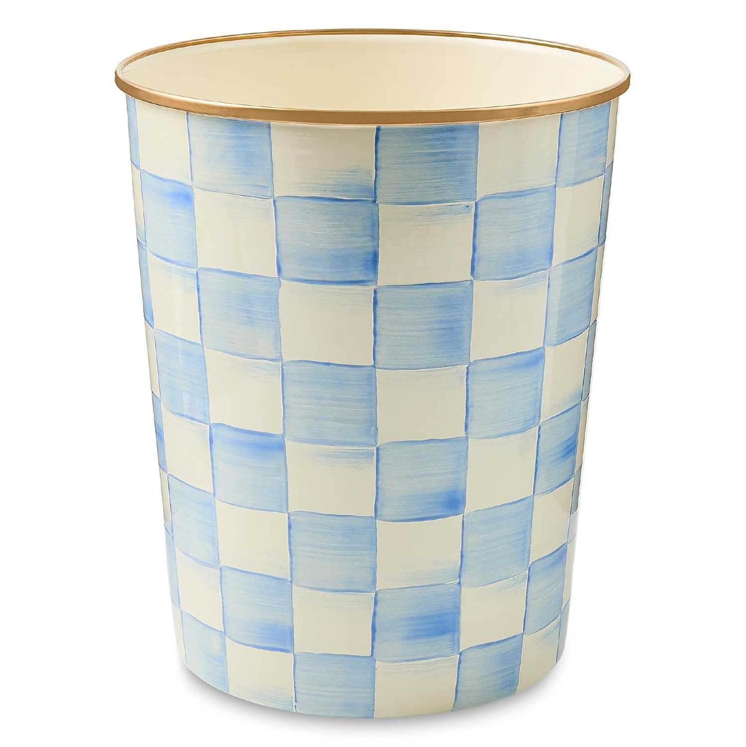 MACKENZIE-CHILDS Waste Bin, Decorative Bedroom or Bathroom Trash Can, Light-Blue-and-White Sky Check