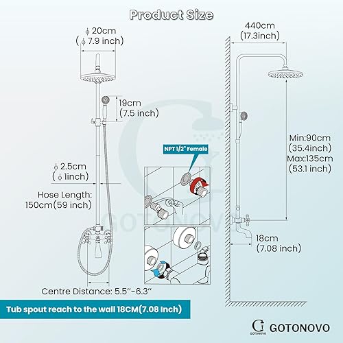 Miniatura 2 de gotonovo Juego de 8 grifos de ducha expuestos a la lluvia, 2 pomos dobles, mango cromado, triple función, boquilla de ducha, conjunto de unidades de