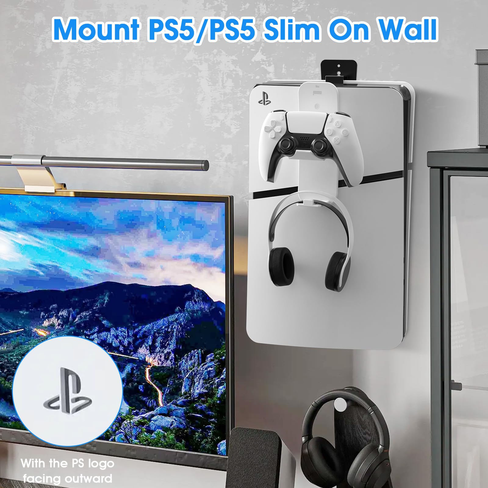 Supporto da parete per PS5/PS5 Slim, Staffa da parete per PS5/PS5 Slim Disc e Digital Edition Supporto da parete sottile per PS5/PS5 Slim con supporto per controller e gancio per cuffie