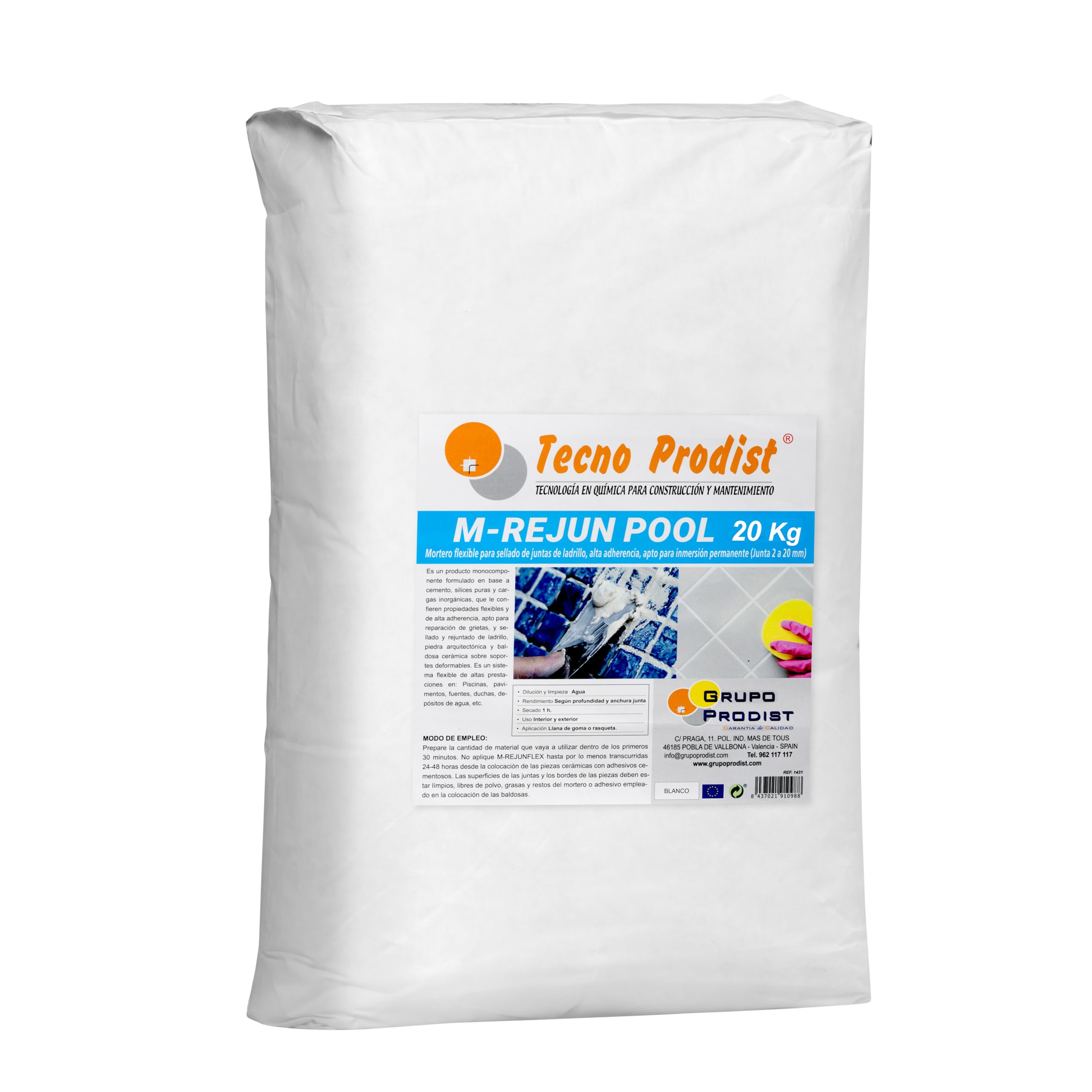 Tecno Prodist - M-​REJUN POOL (Saco 20 Kg) Mortero flexible para sellado de juntas de baldosas y gresite en piscinas, ceramica, ladrillo, etc, apto para inmersión permanente (Junta 2 a 20 mm) Blanco