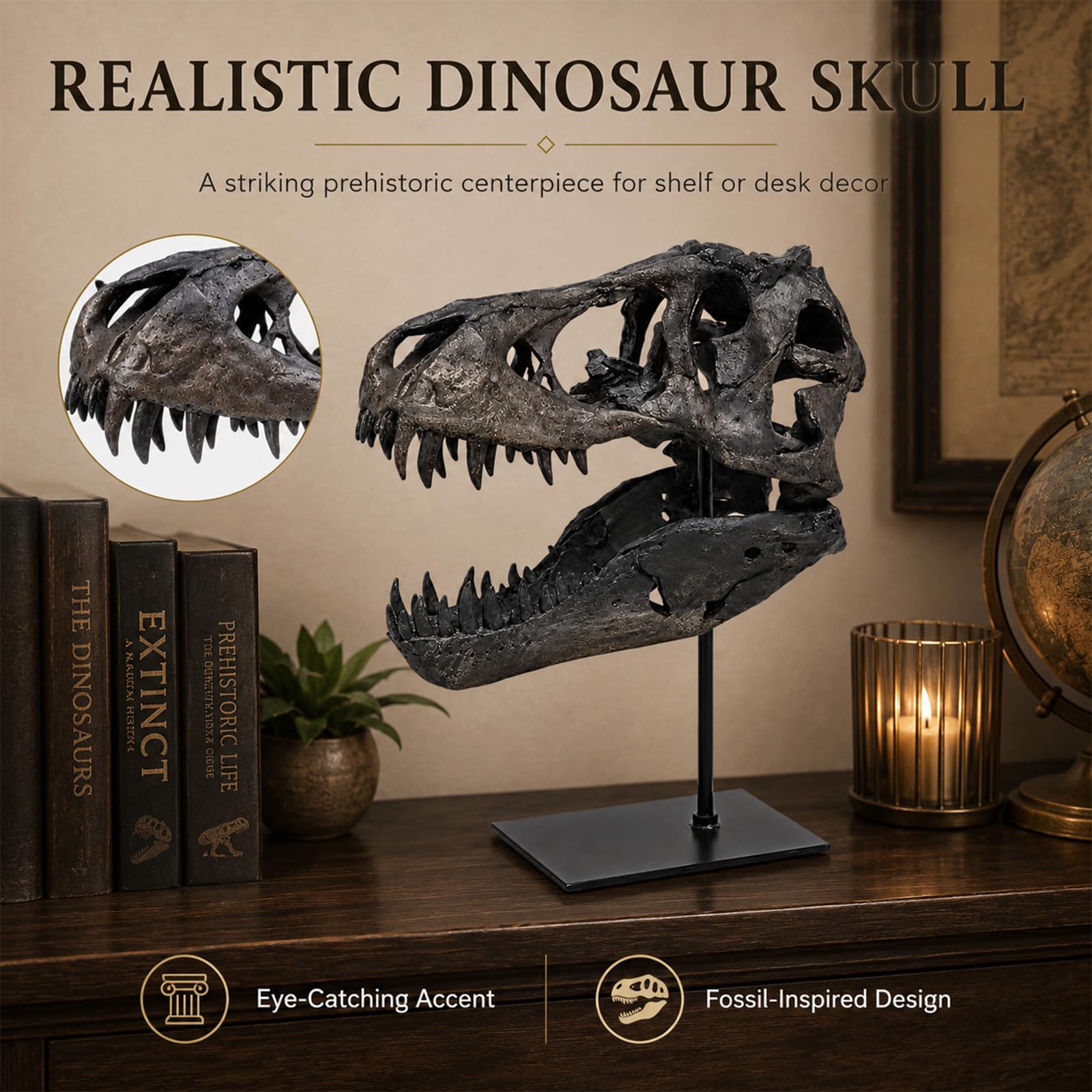 Statua a forma di teschio di dinosauro, in resina con supporto, supporto per sculture di dinosauro, per la decorazione della casa e dell'ufficio, 24 x 14 x 31 cm
