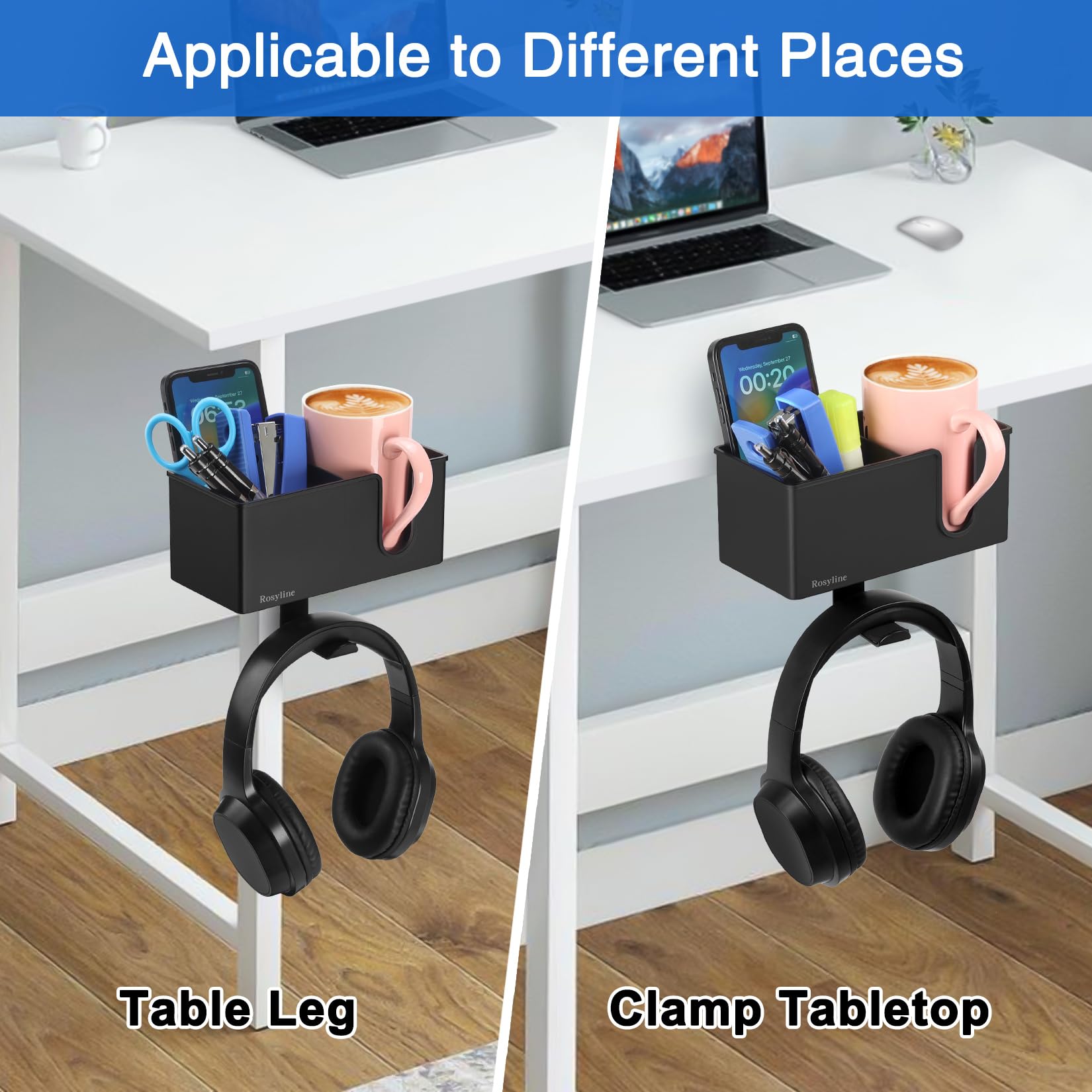 ROSYLINE Soporte para taza de escritorio, soporte para bolígrafos, soporte para auriculares, gancho giratorio (negro)