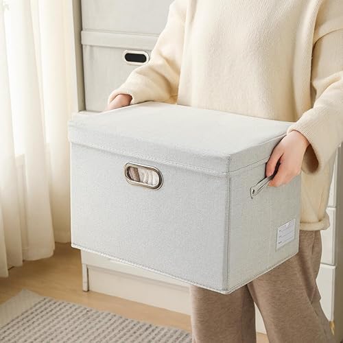 Miniatura 5 de PRANDOM Contenedor de almacenamiento plegable con tapa, caja de almacenamiento plegable de tela, cesta organizadora con tapa, para el hogar, Beige