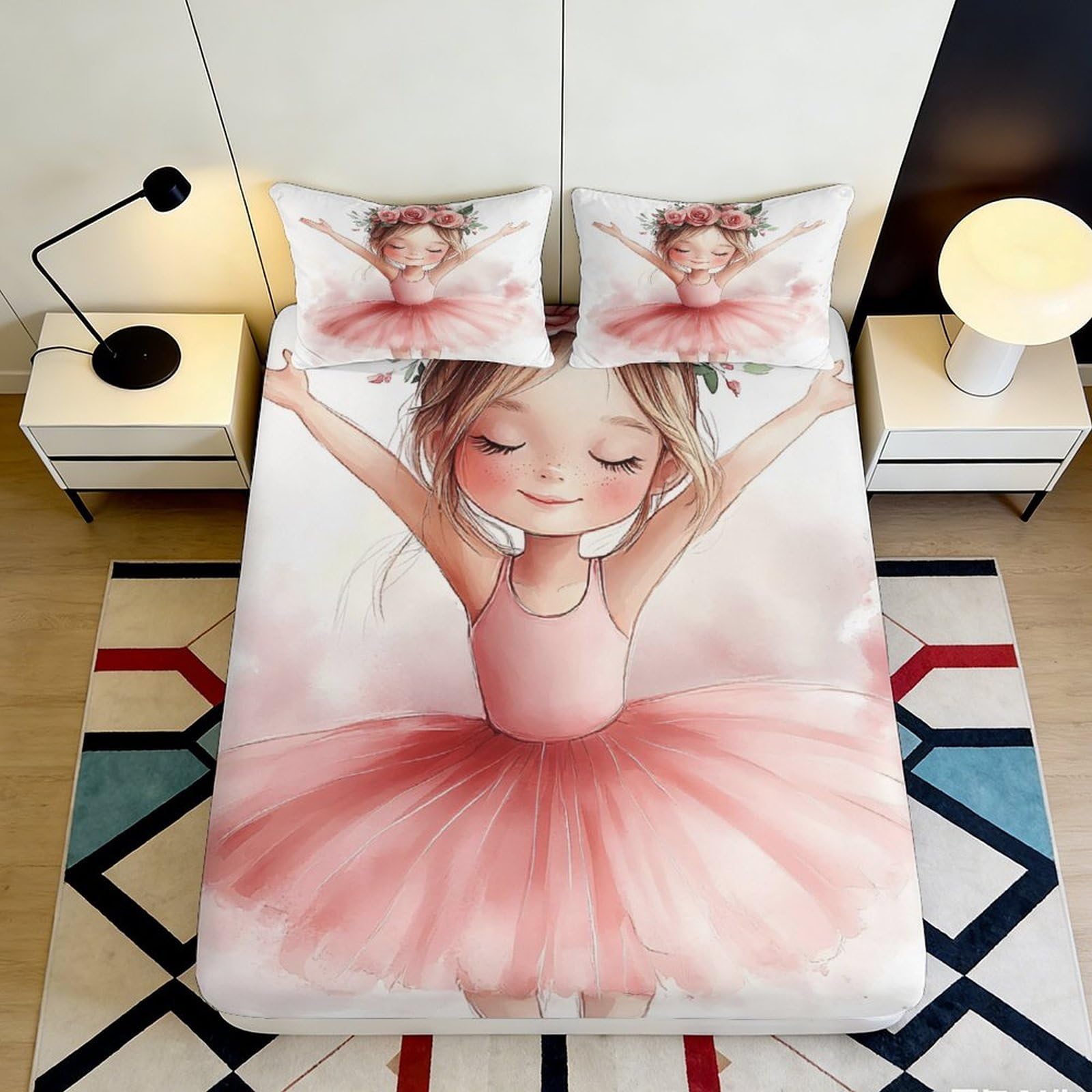 3D Printed Ballerina Fitted Sheet Microfiber Non-Slip Deep Pocket Ballet Girl Mattress Fitted Cover for Adult Teen Bedroom Bedding 90x200x25cm