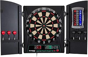 Bullshooter Electronic Dart Board Cabinet Set Home Bar Game Room Playroom Wooden Cabinet Doors LCD Display for Up to Eight Players - 34 Games 183 Variations - 2 Sets of Soft Tip Darts