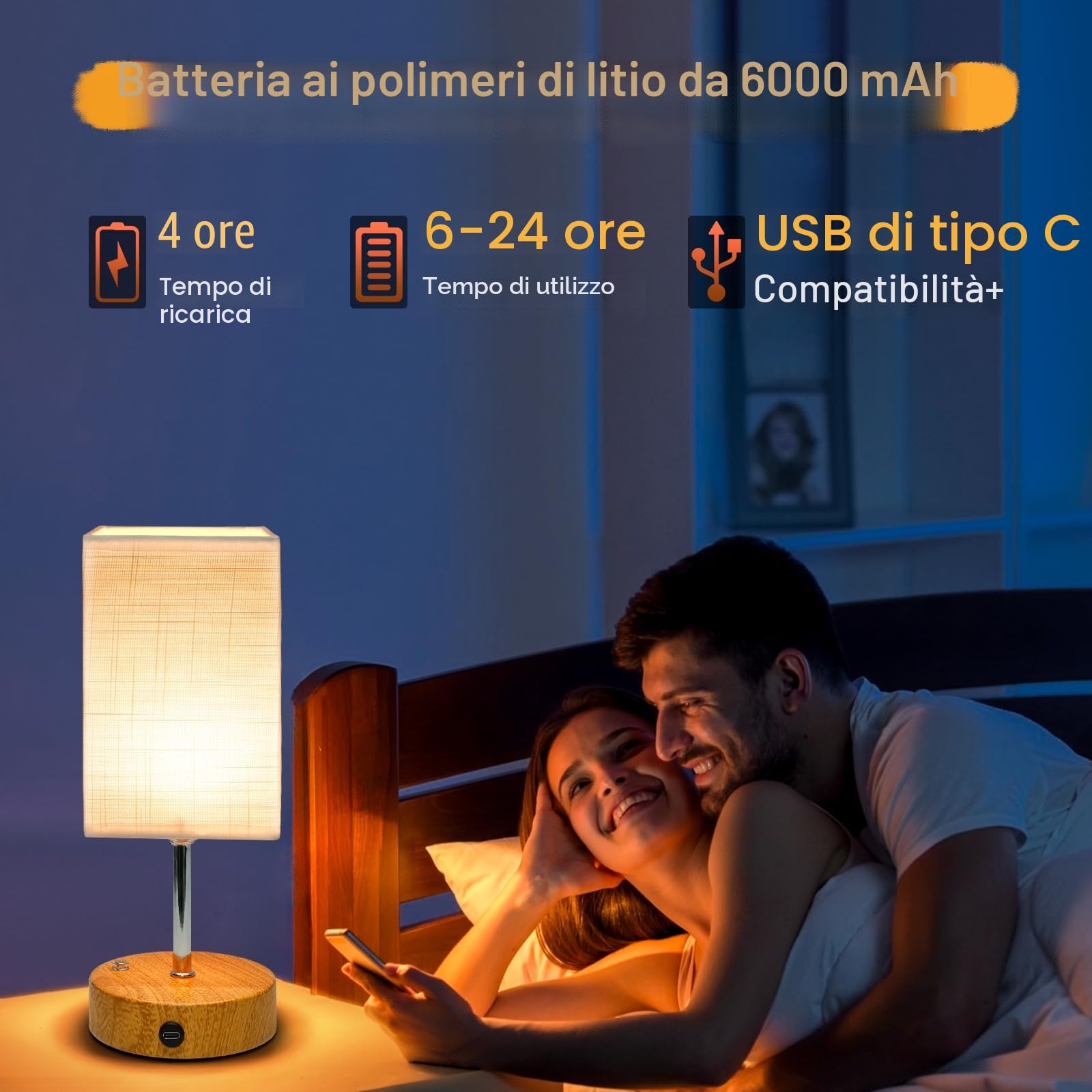 TRUMPETS Lampada da Comodino Touch Dimmerabile Ricaricabile 6000 mAh USB-C,Paralume in Tessuto di Lino, Abat Jour da Comodino per Camera da Letto Soggiorno.