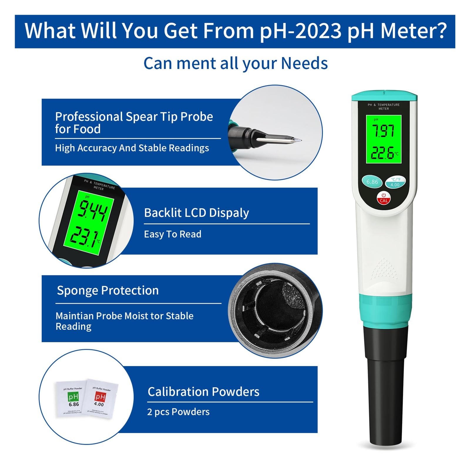 Tester miernika PH, Profesjonalny miernik PH żywności 0.00~14.00pH Temp Tester PH czujnik o wysokiej dokładności analizator kwasowości do konserw mięsnych ciasto serowe woda,Woda pitna, Hydroponika
