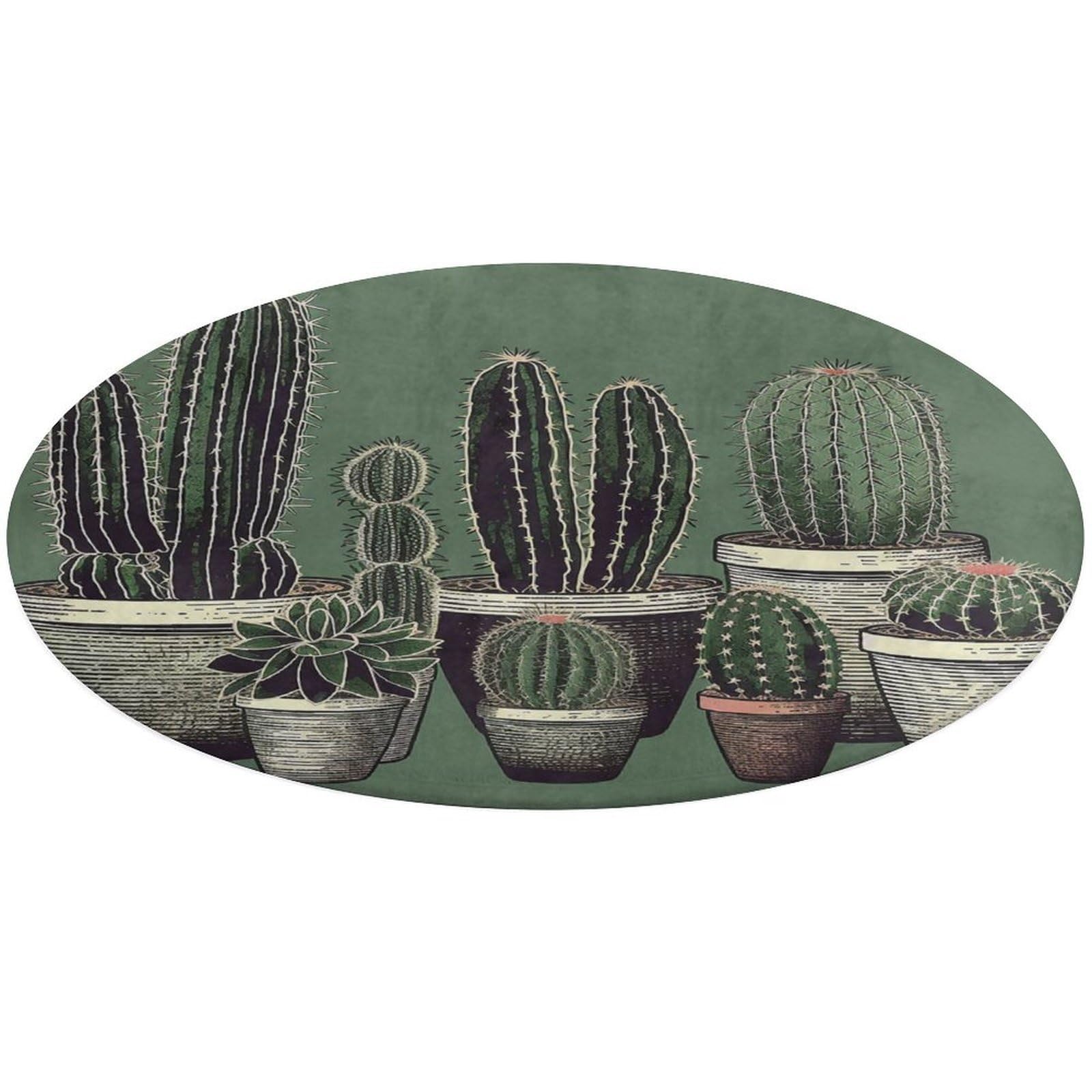 Alfombra redonda decorativa de cactus verde en terciopelo suave para baño