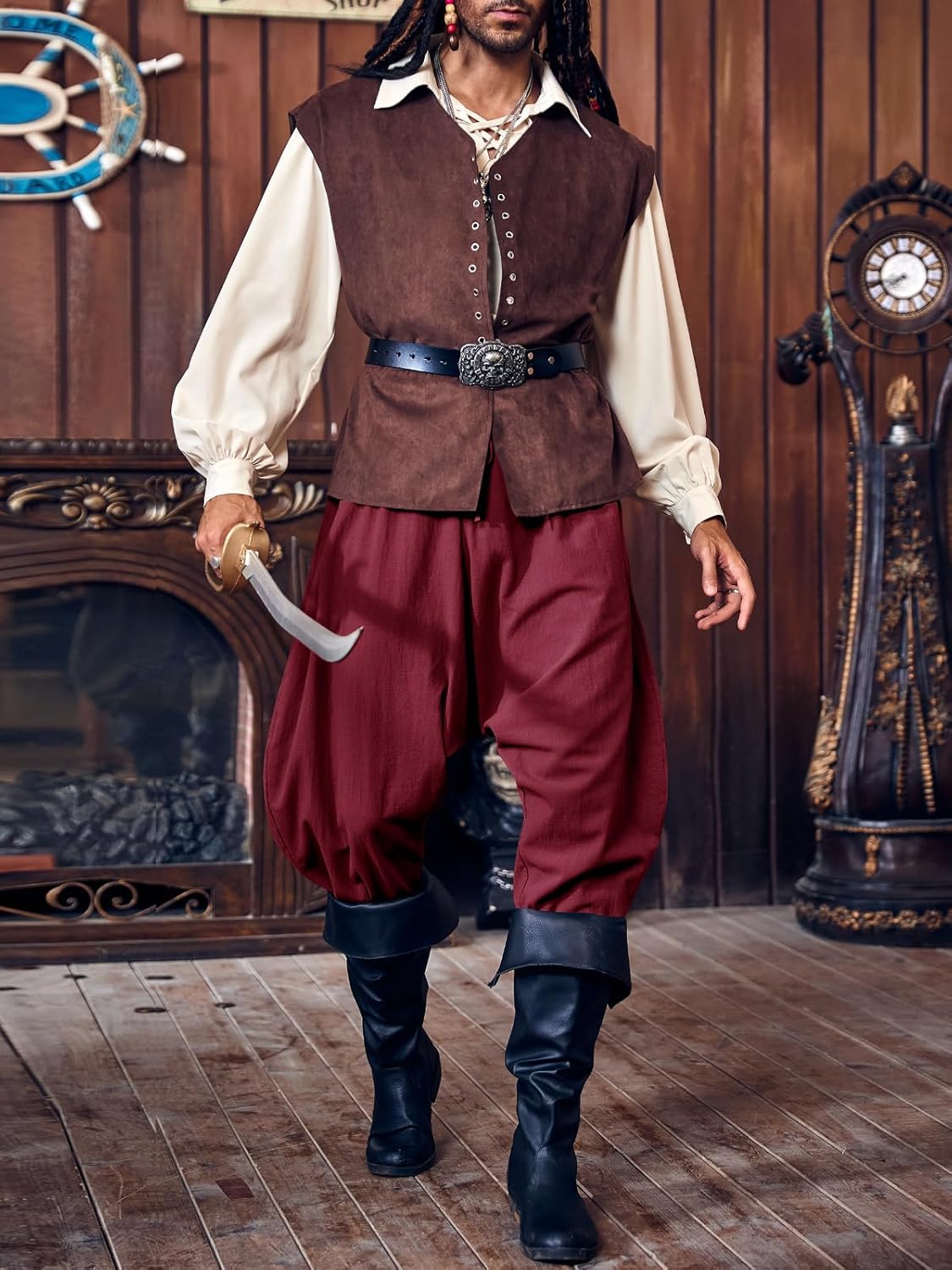 PASLTER Mens Pirate Pants Medieval Viking Costume Trousers Renaissance Halloween Baggy Harem Linen Pants - Image 5