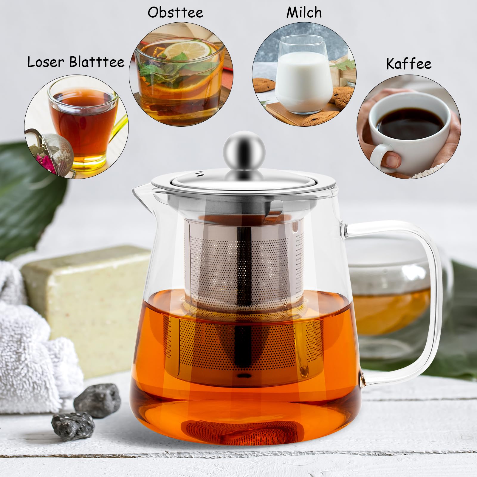 Teekanne Glas mit Siebeinsatz 950ml Teebereiter aus Glas Borosilikat,Klar, Hitzebeständig für Schwarzen Tee, Grüner Tee, Duftender Früchtetee