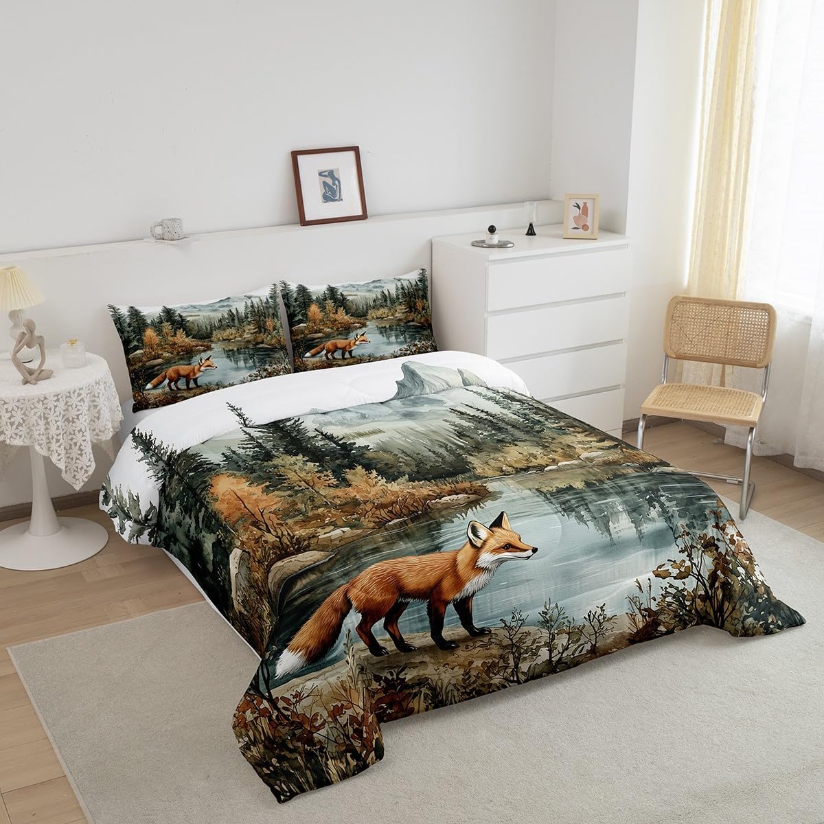 Fox Woodland Comforter Set Queen Size,Woodland Pine Tree Bedding Set for Kids Girls Boys Adults Room Decor,Lake Mountain Wildlife Duvet Insert 3Pcs,Nature Botanical Soft Quilt Set,2 Pillowcases image 2