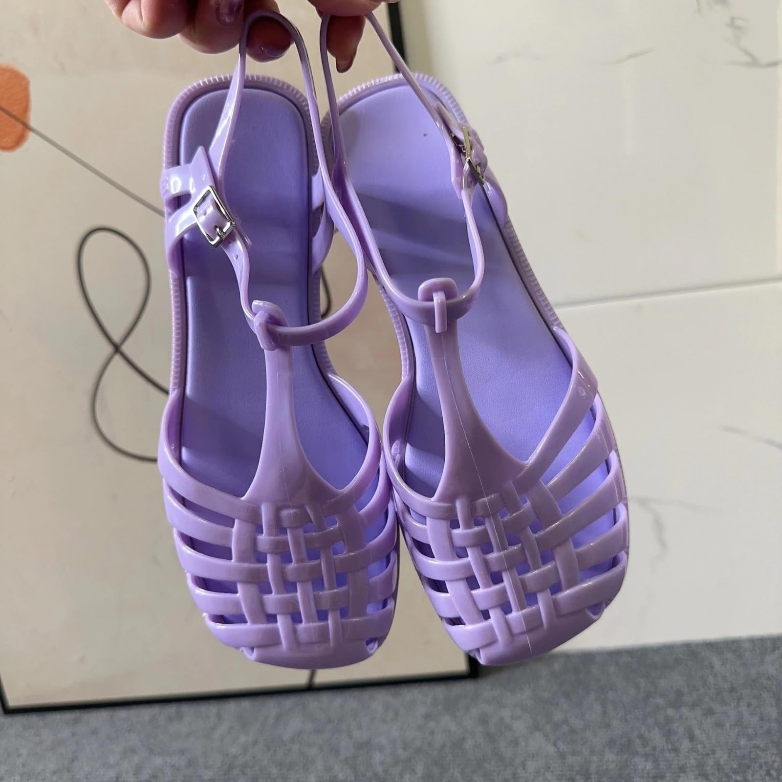 RXZCHH Sandalias Planas Romanas con Punta Cuadrada para Mujer, Zapatos de gelatina calados, Sandalias Informales de Verano para Playa, Talla única pequeña (púrpura, 39)