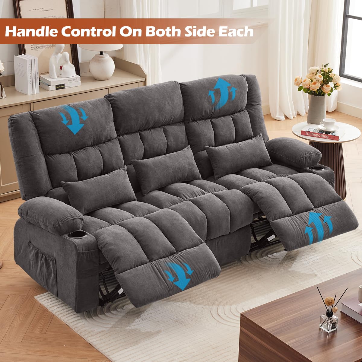 MAHOMICO Recliner Sofa with Cup Holders for Living Room 3 Seat Manual Oversized Recliner Chiar with Ergonomic, Side Pocket for Adult view 8