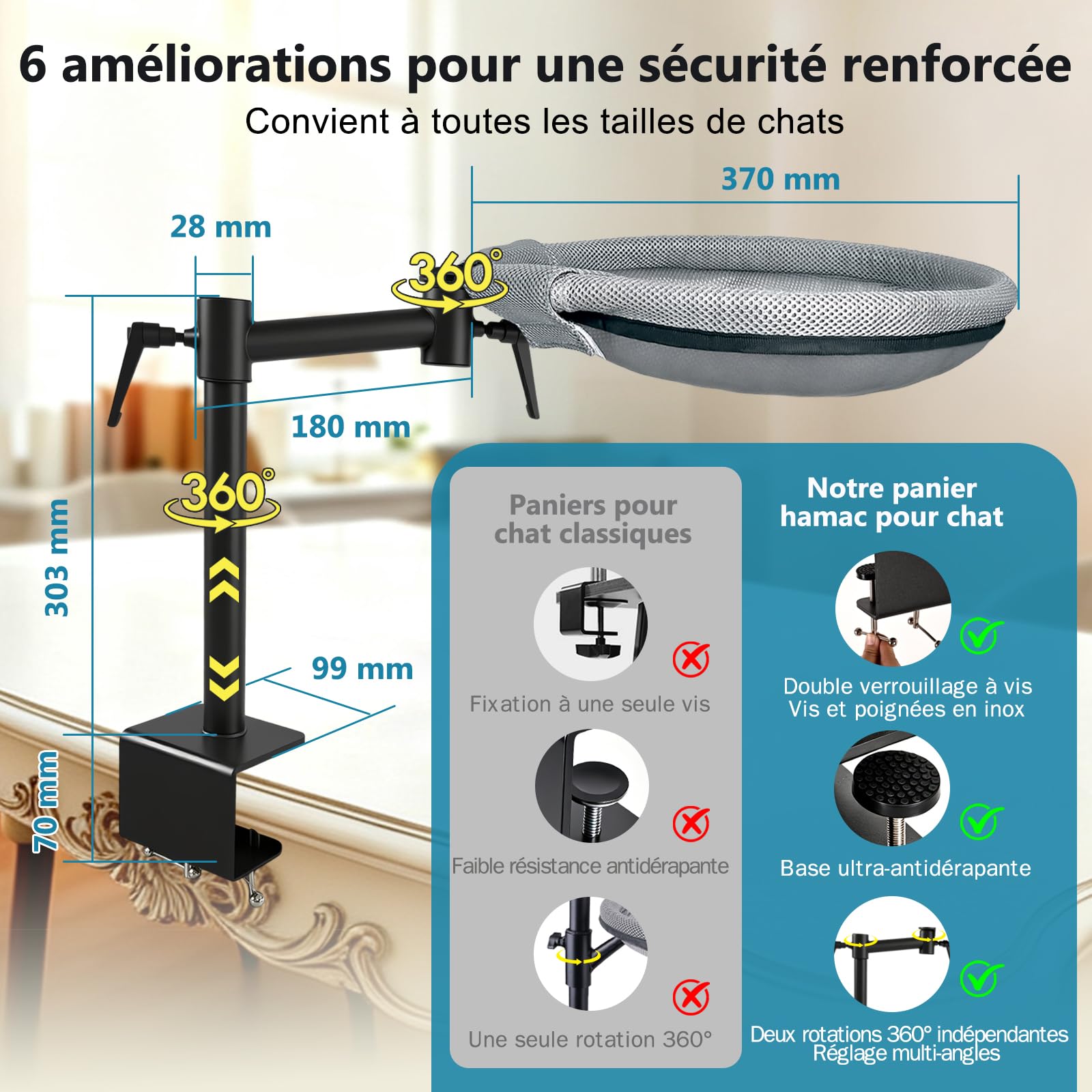 Panier Chat Bureau Réglable en Hauteur | Lit de Bureau pour Chat Rotation de 360° Lit pour Chat avec 2 Housses en Filet Amovibles Hamac pour Bureau Jusqu'à 20KG, Gris