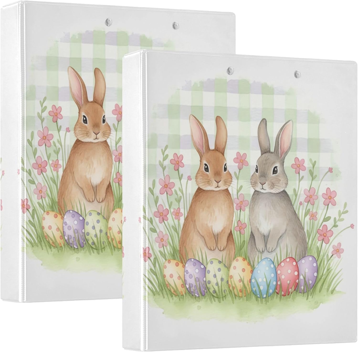 Easter Bunny and Egg 3 Ring Binders, 1.5” Round Ring Binders with Clipboard - Letter Size, 3 Interior PVC Clear Pockets & Anti-Slip Clip for Office School Supplies, 2PCS