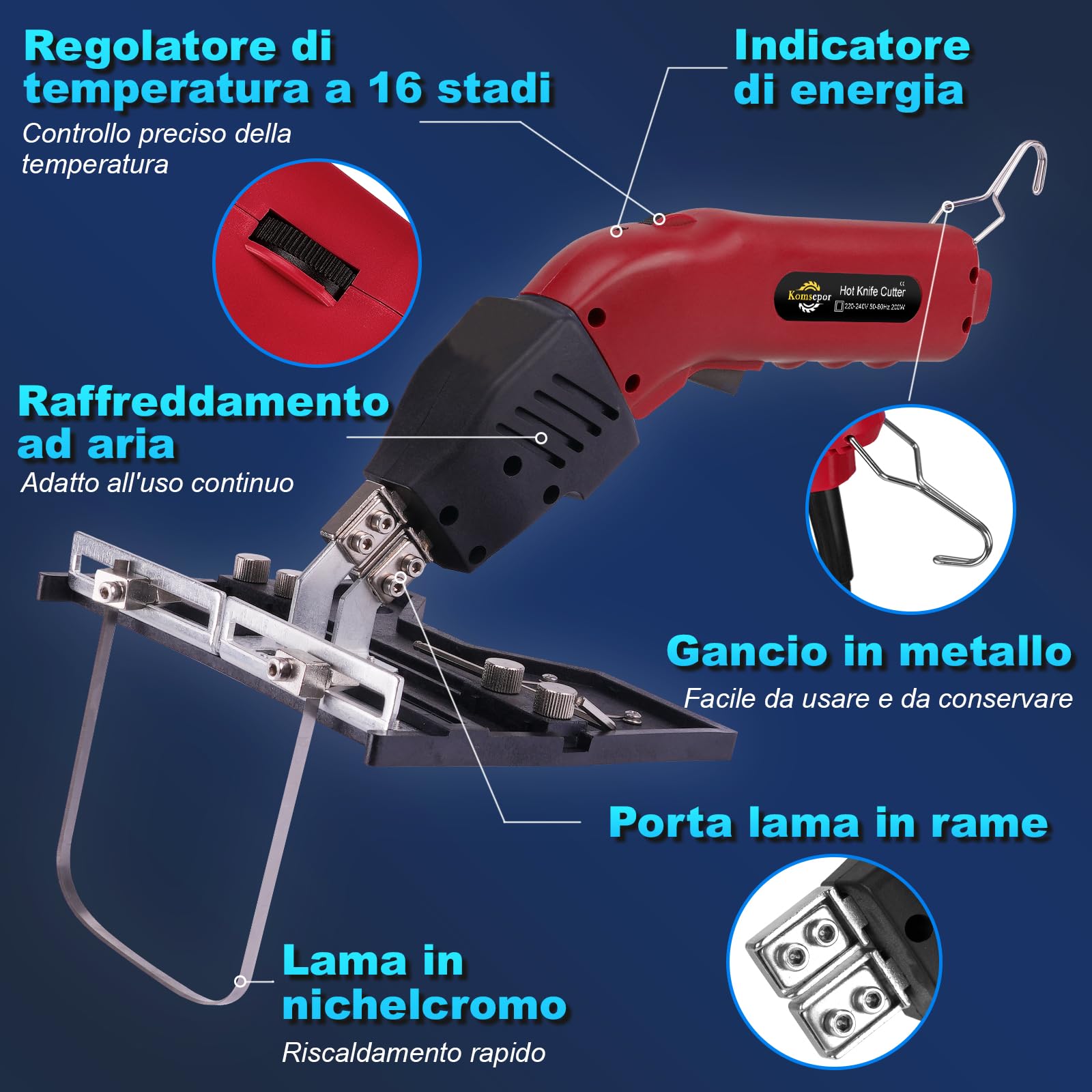Komsepor 200W Taglierina Elettrica a Caldo per Schiuma con 5 Lame al Nichel-Cromo 0-600℃ 220-240V con Sistema di Raffreddamento per Polistirolo (Raffreddamento ad Aria Rosso 200W+Slot)