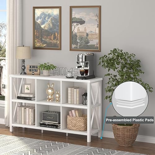 Miniatura 4 de FATORRI Organizador de almacenamiento de 6 cubos con estante, estantería larga de madera y metal, estantería horizontal industrial (roble blanco, 47