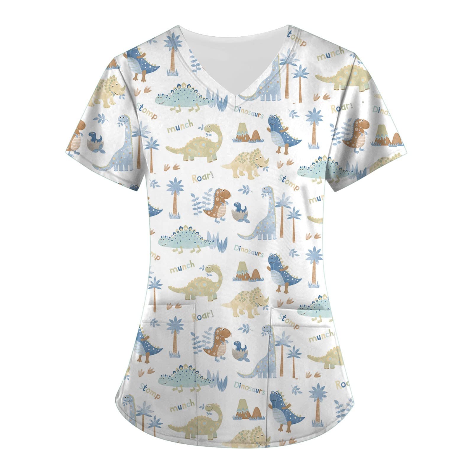 Working Uniforms Scrub Tops Cartoon Pattern Turtle Neck Short Sleeve Tops Oversized Fleece Pullover Women