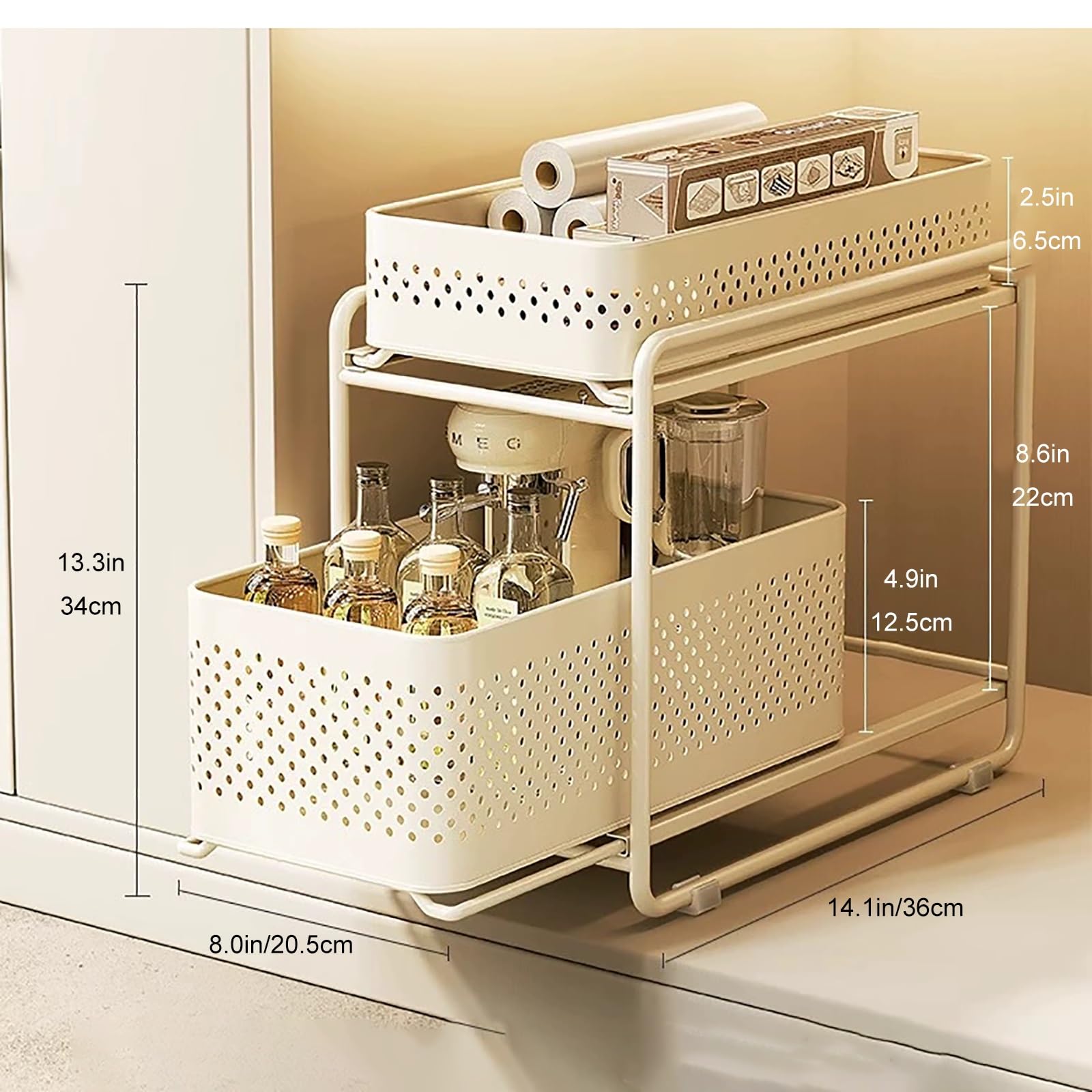 Mensola Portaoggetti Scorrevole a 2 Livelli per Cucina, Organizer Sottolavello, Cesto in Rete con Maniglia per Bagno(Small)