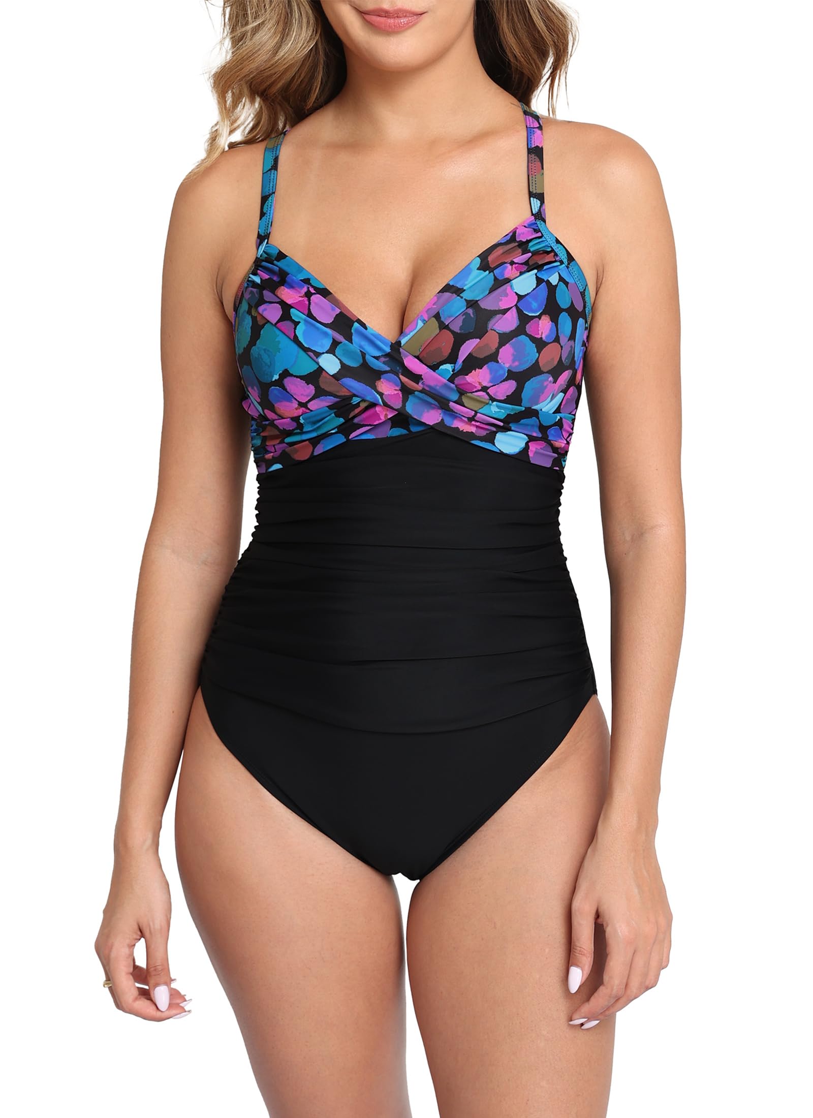 Halcurt Womens Twist Front Push Up One Piece Swimsuit Ruched Tummy Control Full Coverage Bathing Suit