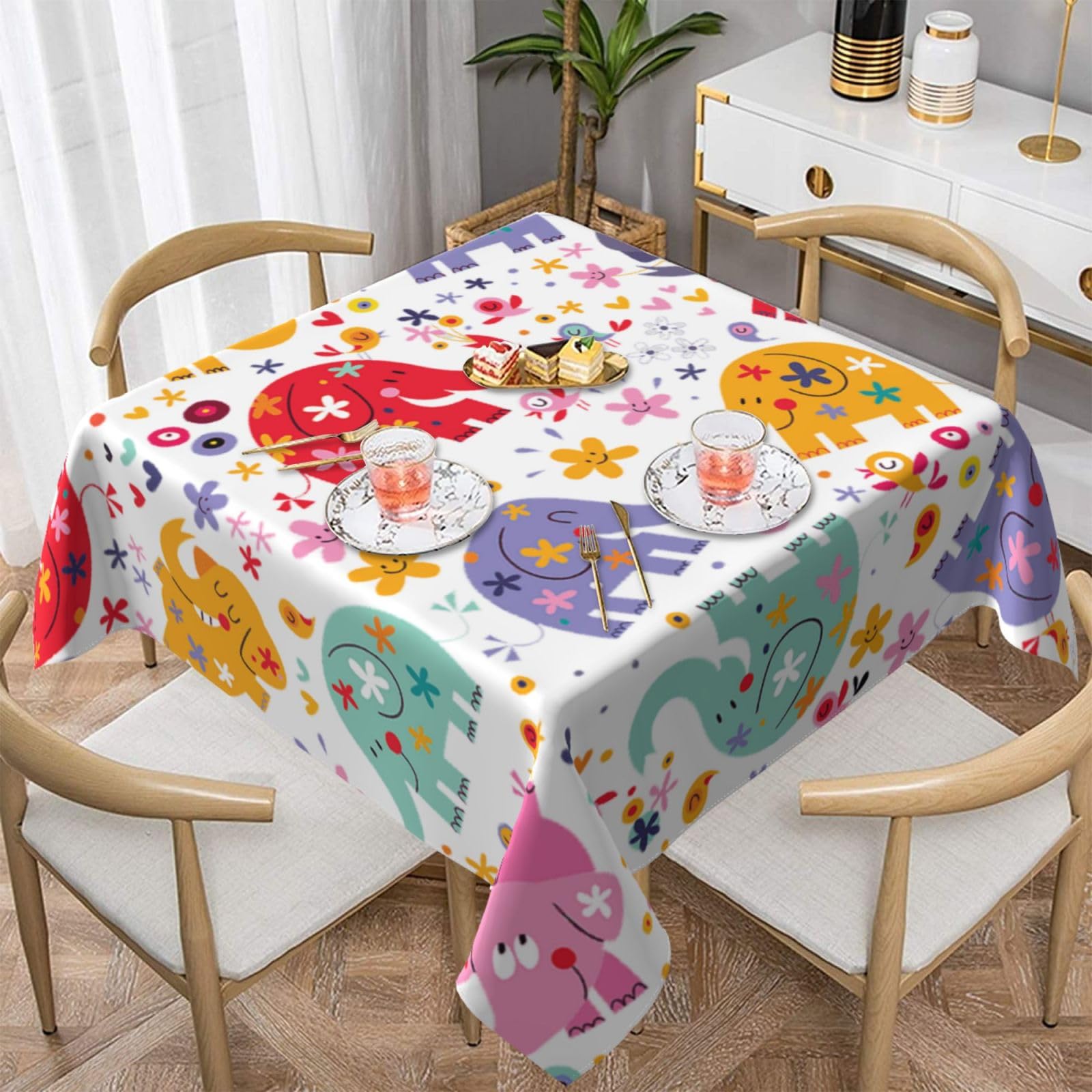DCEHGEW Colorful elephant Prints Square Tablecloth 137x137 CM, Waterproof Fabric Table Cloth for Dining Table, Farmhouse Table Cover for Kitchen Dining Tabletop Decoration