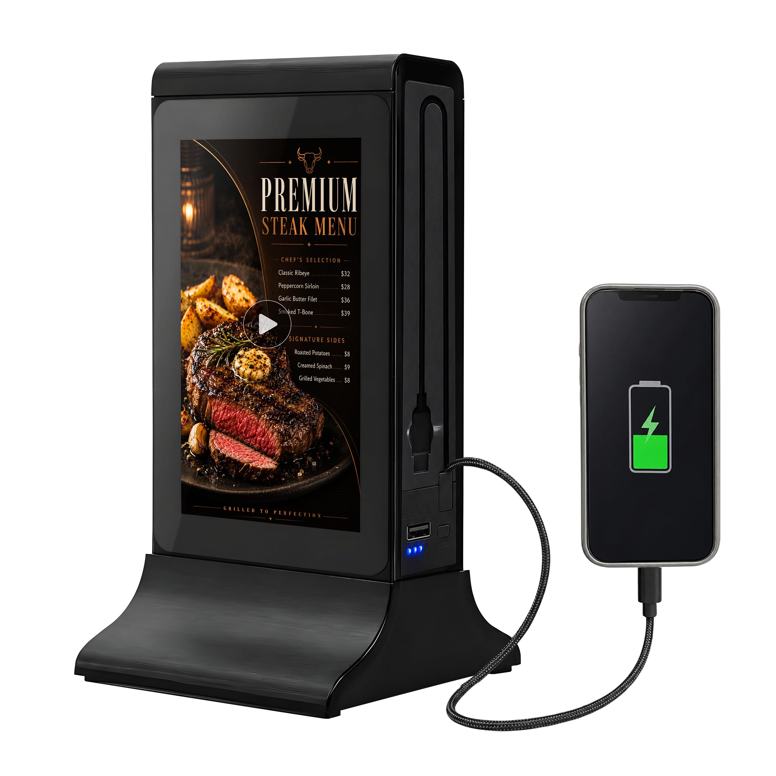RDYMONKEY Présentoir de table numérique de 7 pouces avec câble de charge de téléphone portable et batterie - Support de prospectus de table sans fil pour restauration pour cartes de menu dans le