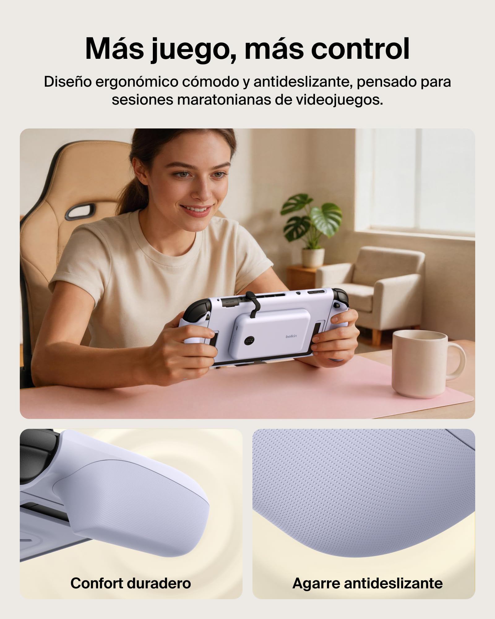 Belkin Gaming Agarres con Batería Externa 10000mAh para Switch 2 - Púrpura | Power Bank Magnético Extraíble 10000 mAh, 30W, Compatible con el Soporte, Empuñaduras Ergonómicas Antideslizantes y Pantalla