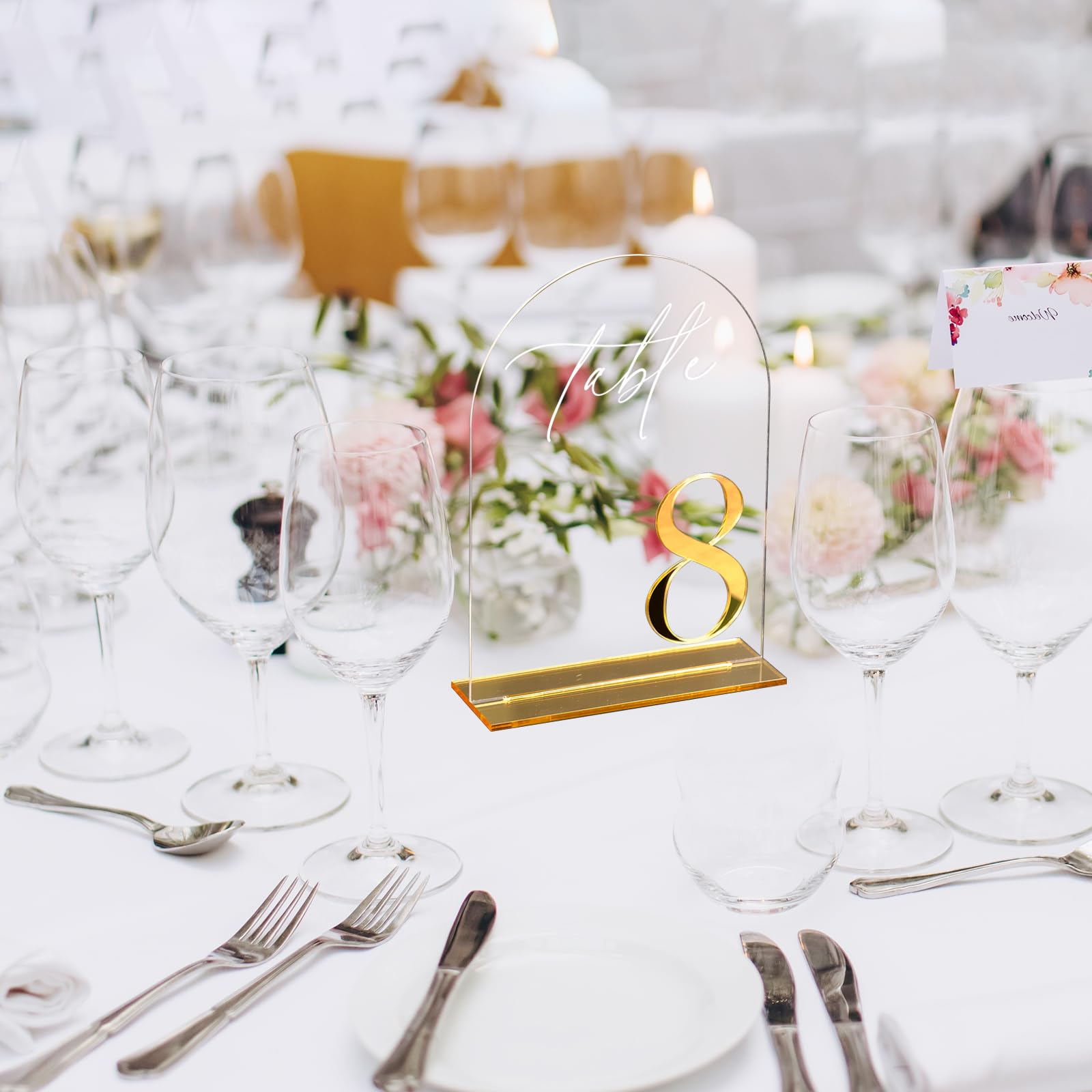 HOODO Transparente Tischnummern 1-15 mit Ständer, gewölbte Acrylschilder mit goldfarbenen Spiegelnummern, klare und goldene Acryl-Tischnummern für Hochzeitsempfang, Party, Jahrestag, Event, 12,7 x