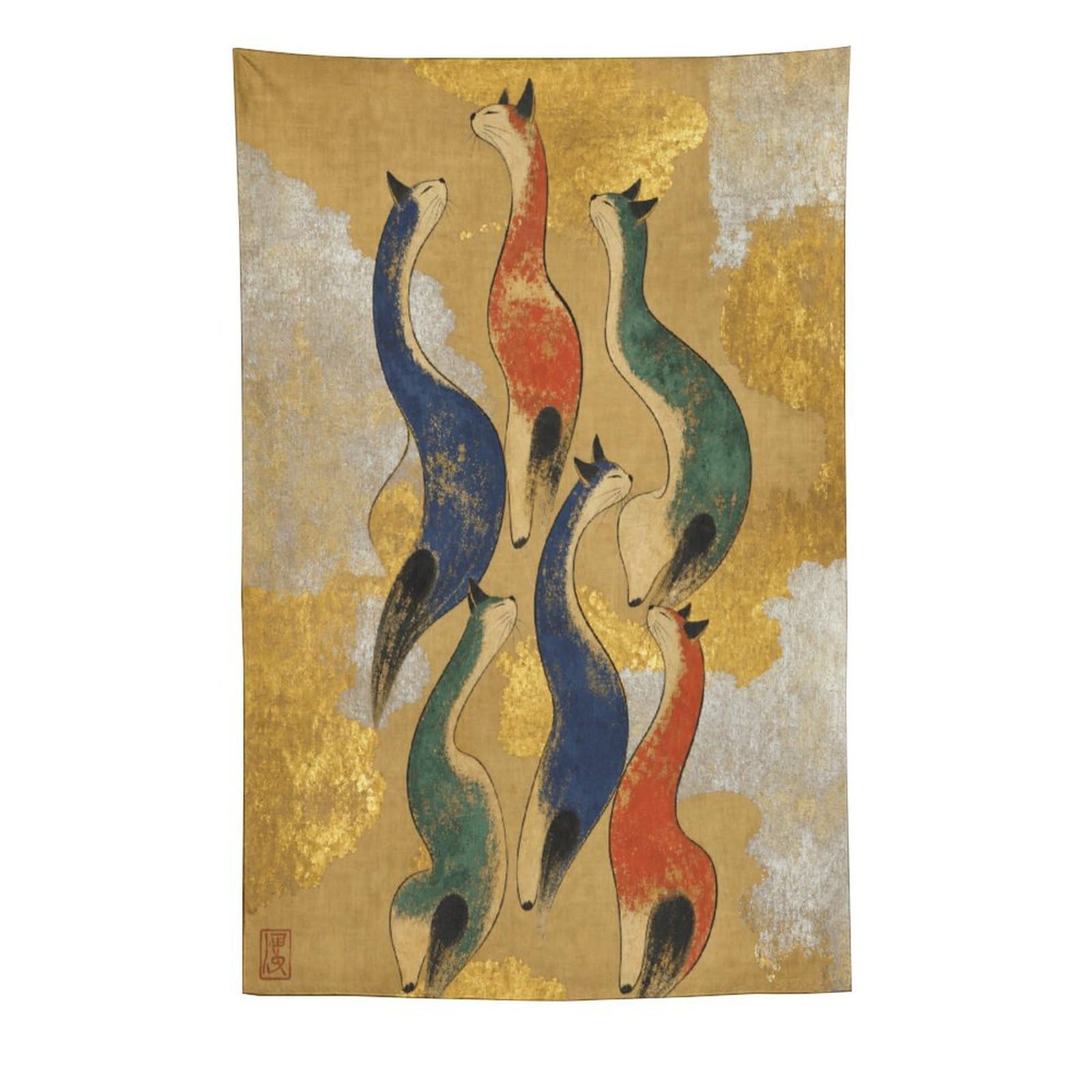 W7C8U2X3 Three Colorful Cats Wall Tapestry, Realistic Illustration Style