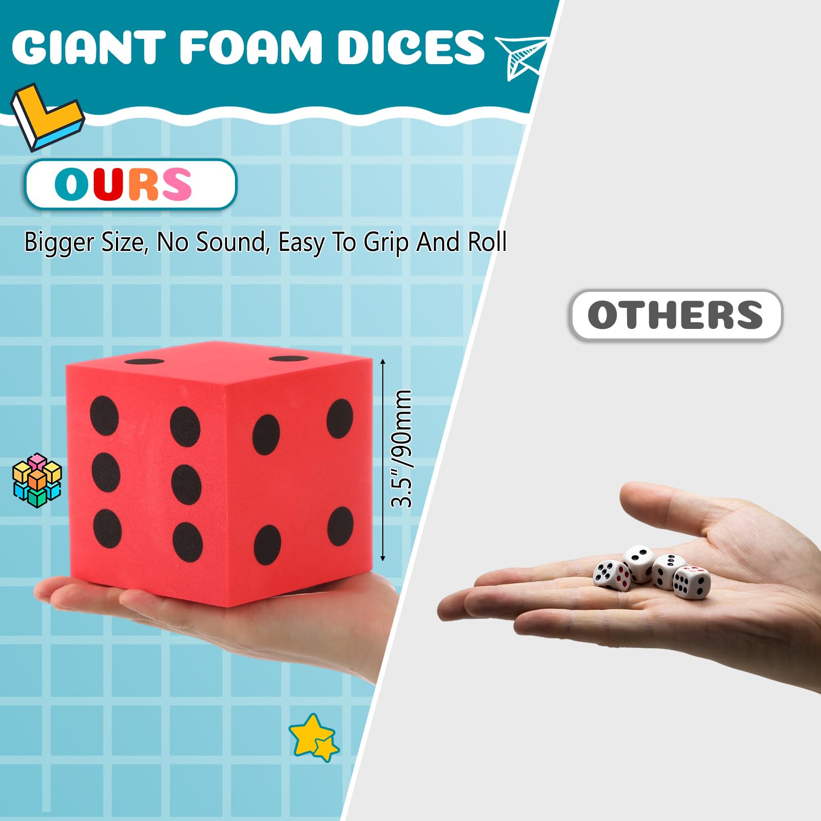 Shappy 4 Pieces 3.5 Inch Foam Dice Cube Jumbo Dice with Number Dots Big Dice Jumbo Giant Foam Dice Large Dice for Christmas Game Math Classroom Party Favors Bag Stuffers (Red)