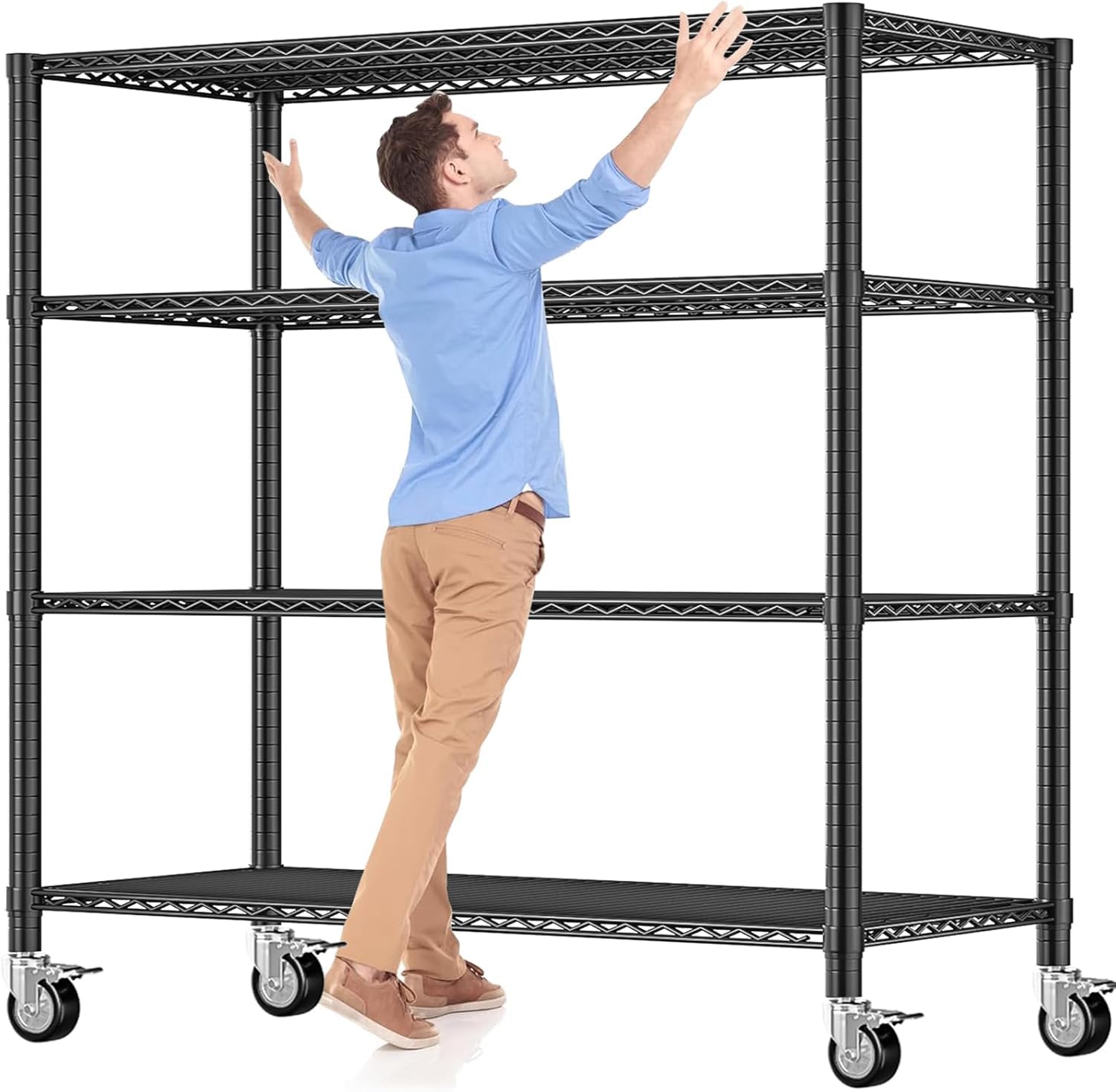 Taotigzu Heavy Duty Metal Garage Shelving Unit with Wheels,140.9 * 60.9 * 192CM 4-Tier Height Adjustable Wire Storage Shelves,Pantry Shelf Commercial Shelving,Black