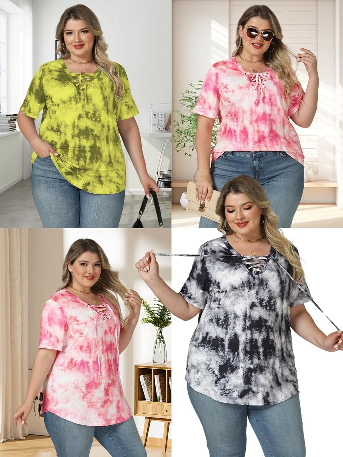 VISLILY Womens-Plus-Size-Summer-Tops Casual Lace Up Front T Shirts Tie Dye V Neck Tees Trendy Short Sleeve Tunics XL-5XL - Image 6