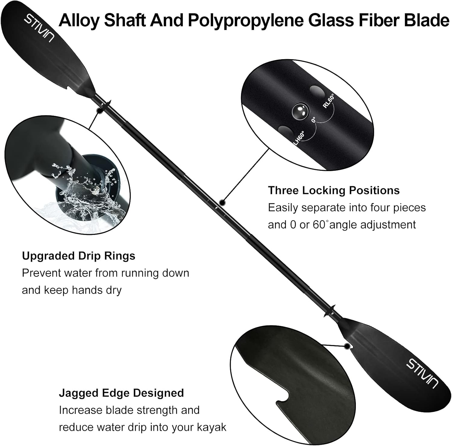 STIVIN 4 Piece Kayak Paddle with Leash 91.7inch 233cm Aluminum Alloy Shaft PP Blade Non-Slip Hand Grip Adjustable Angle Drip Rings Floating Oars Paddles for Kayaking Fishing Canoeing Touring(Black) : Sports & Outdoors