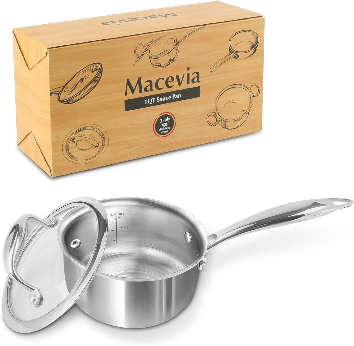 Macevia Sauce Pan with Glass Lid, 1 Qt, tri-ply stainless steel