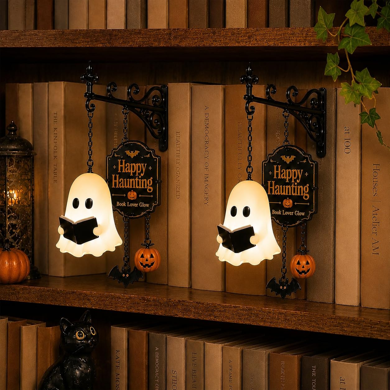 Ghost Bookshelf Lantern with Pumpkin & Bat, Decorative Bookshelf Lighting Halloween Decor Lamp Book Lover Gift，2pcs
