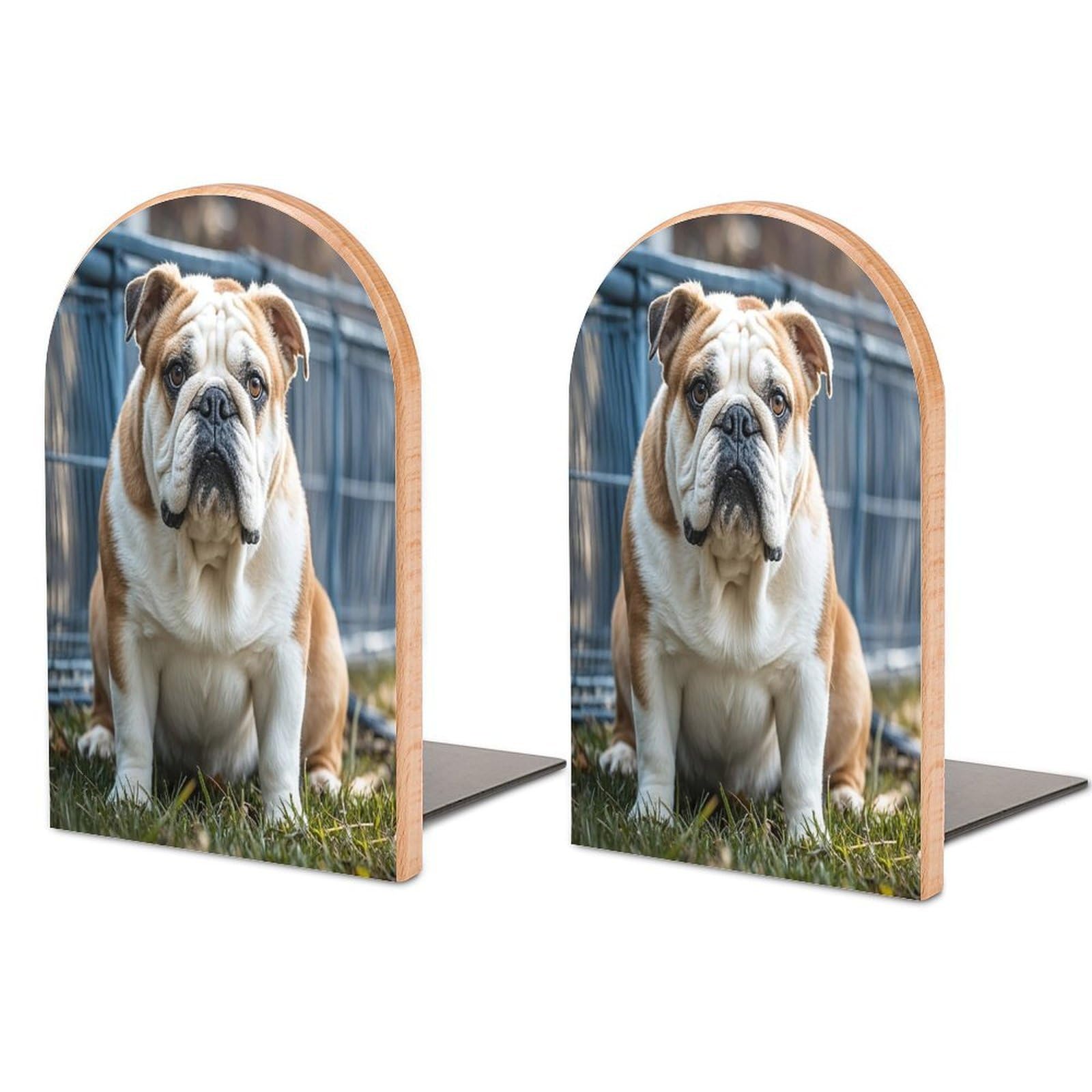 Sujetalibros de bulldog inglés en madera robusta y diseño moderno para estanterías