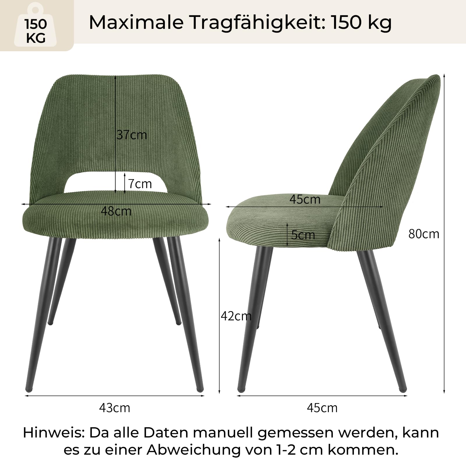 JIJIAN Esszimmerstühle 4er Set, Stühle Esszimmer, Küchenstühle, Wohnzimmer Essstühle mit Ausschnitt Rückenlehne Streifen Samt Stuhl, Gepolsterte Stühle für Esszimmer, Küche, Schlafzimmer, Grün