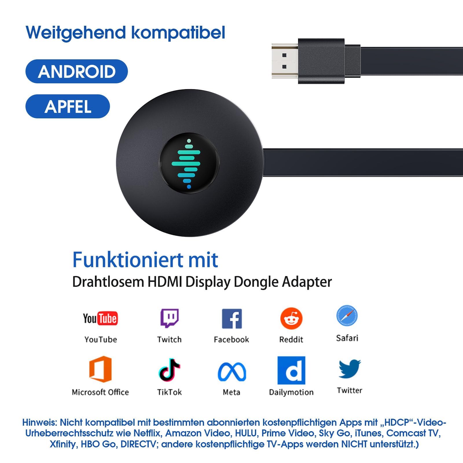 5G Wireless HDMI Adapter, 4K Miracast Dongle mit Screen Mirror, Miracast/Airplay/DLNA Screen Mirroring für i-Phone/Android/iOS zu TV/Monitor/Laptop/Tablet, Plug & Play (Kohleschwarz)