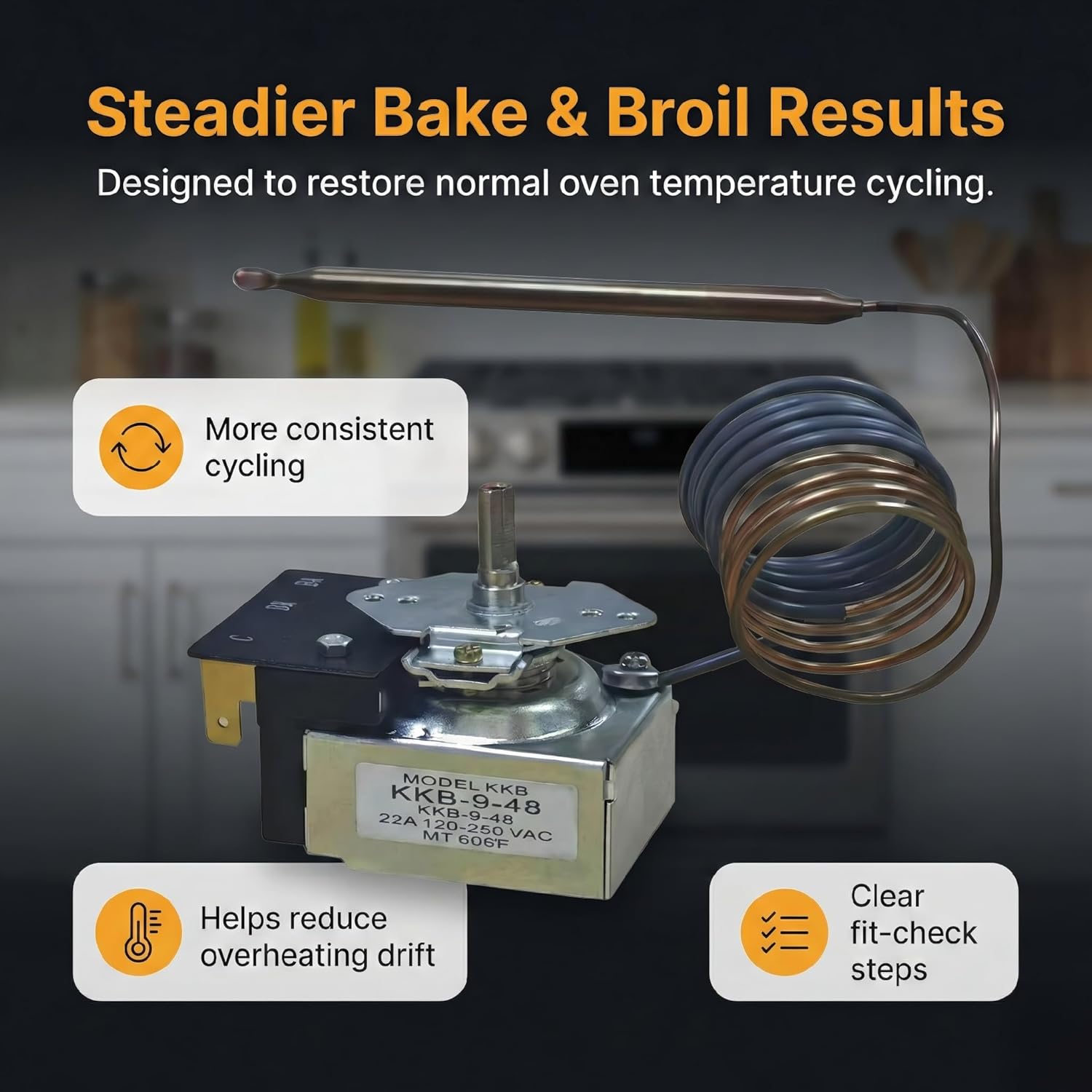 PB010036 Bake/Broil Thermostat, Compatible with Viking, Compatible with Awoco Ranges, Replaces KKB-9-48, 22A 120-250VAC, Max 606°F with Safety Auto-Shutoff.