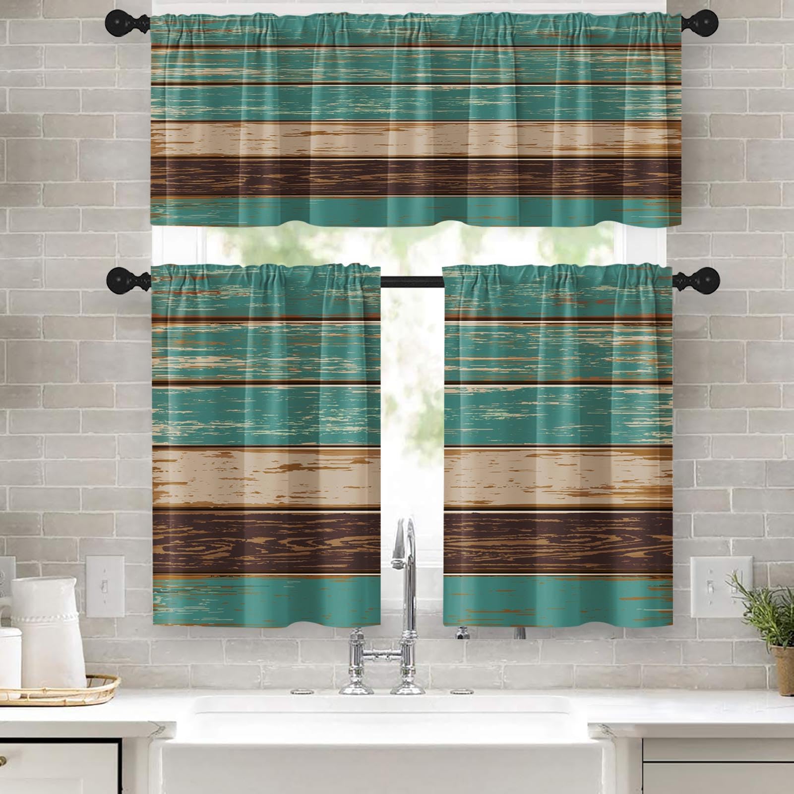Emvency 36 Inch Kitchen Curtains Teal and Brown Wooden Texture Window Curtains and Valances Set of 3, Rustic Farmhouse Short Tier Curtain, Vintage