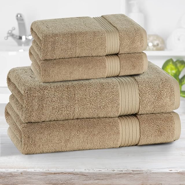 Comvi Bathroom Towels Sets of 4 (2 Bath & 2 Hand Towels for Bathroom ) - Luxury Towels 700GSM - 100% Cotton Bathroom Linen - Soft, Absorbent & Durable Towels - 70x130 & 50x90cm - Latte Towel Bale