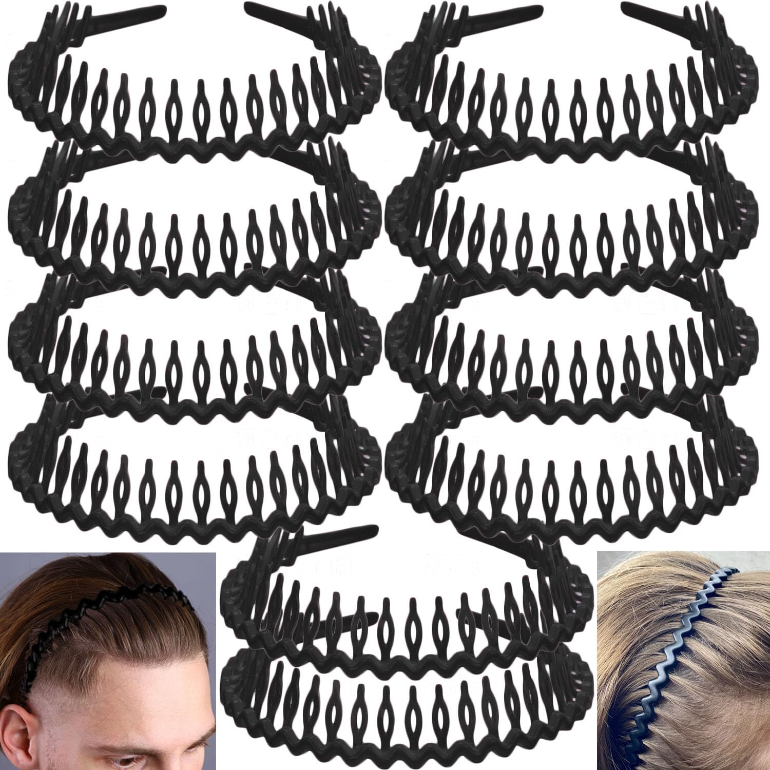 LAPOHI 10 PCS Non Slip Fashion Effortless Plastic Headbands with Teeth Comb Skinny Hair Bands for Women Men Teen Girls, Long Teeth Matte Black